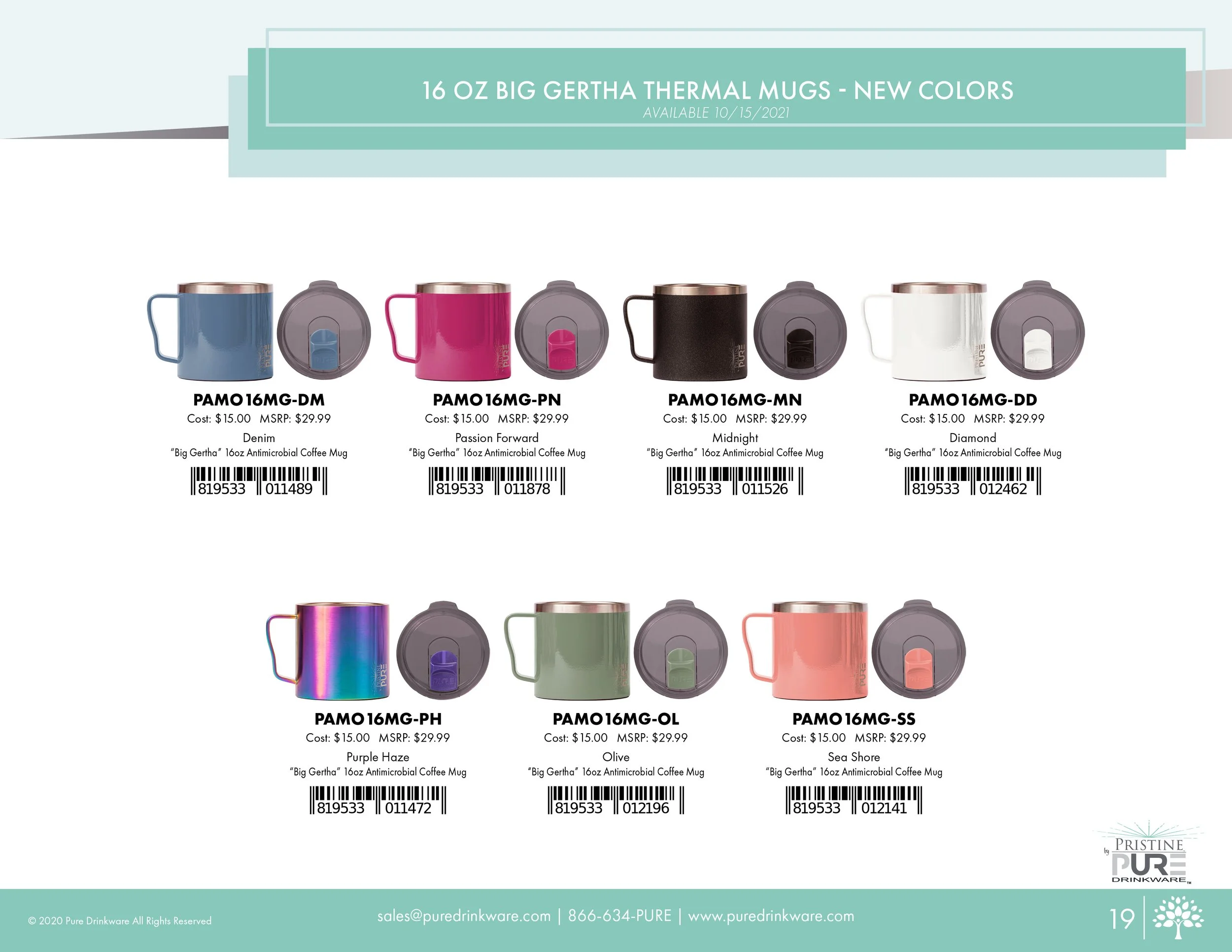 "16 oz Big Gertha Thermal Mugs" product page showing new colors available 10/15/2021: Denim, Passion Forward, Midnight, Diamond, Purple Haze, Olive, and Sea Shore, each with a cost of $15.00 and MSRP of $29.99, including barcodes.