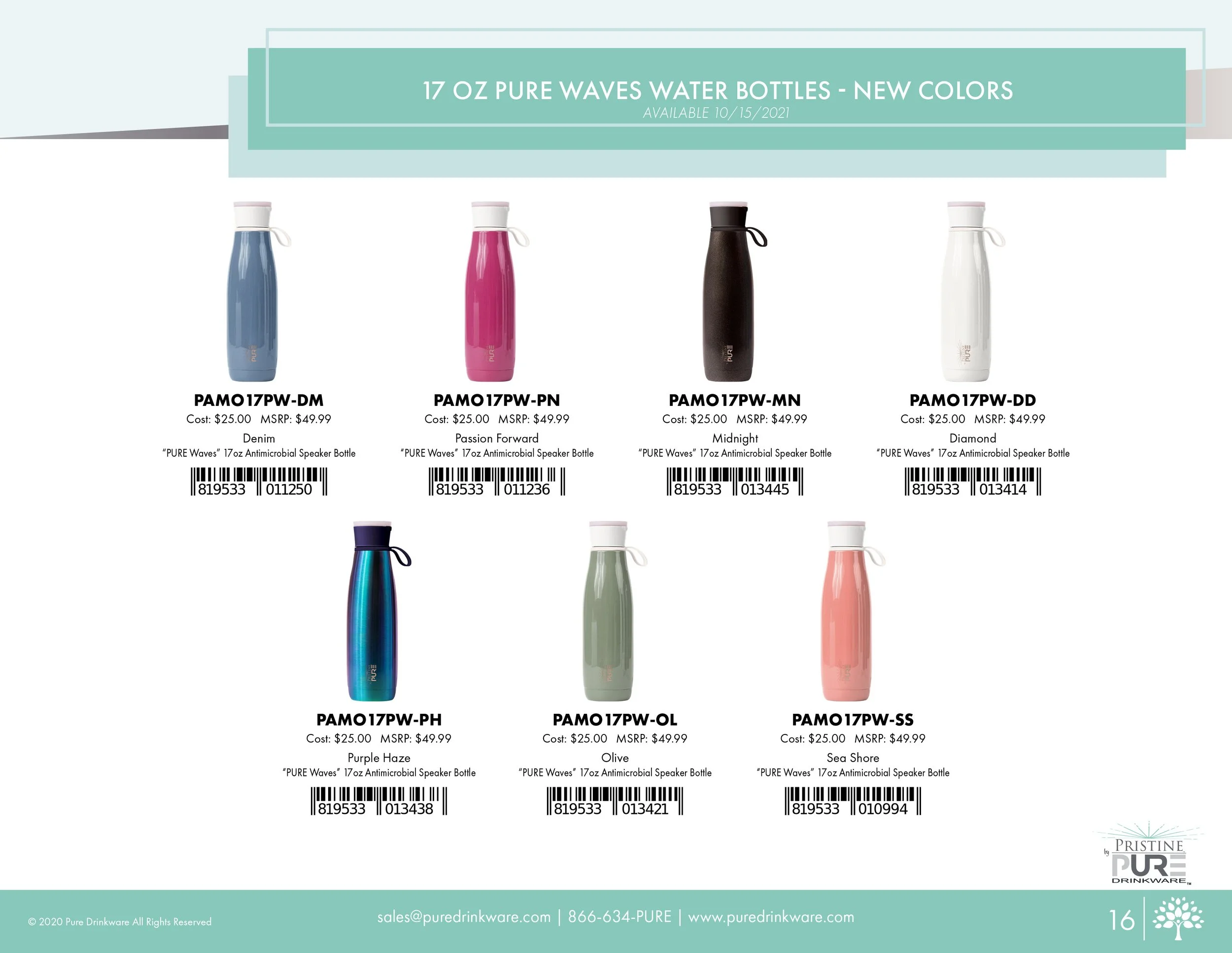 "17 oz PURE Waves Water Bottles" product page showing new colors available 10/15/2021: Denim, Passion Forward, Midnight, Diamond, Purple Haze, Olive, and Sea Shore, each with a cost of $25.00 and MSRP of $49.99, including barcodes.