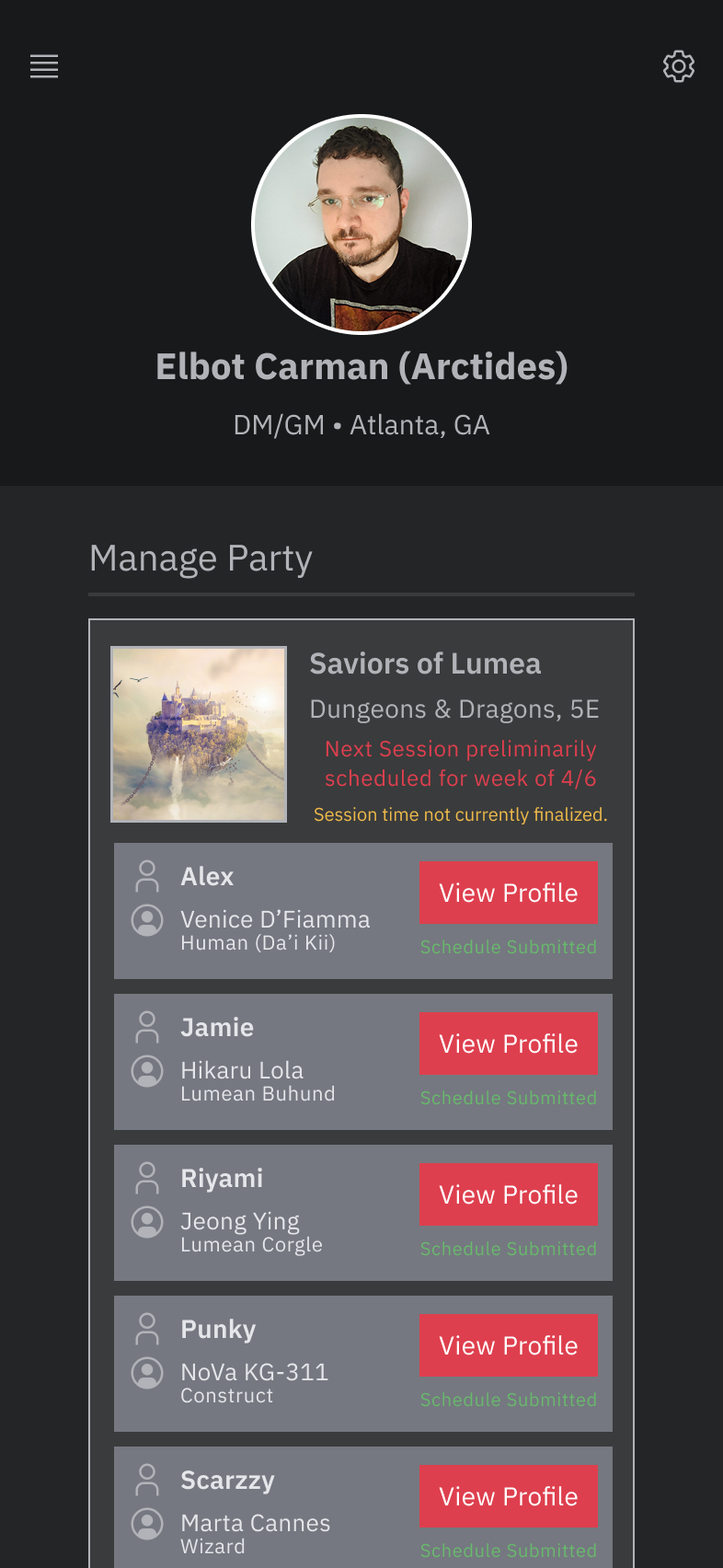 This page allows a DM to see an overview of their party.
