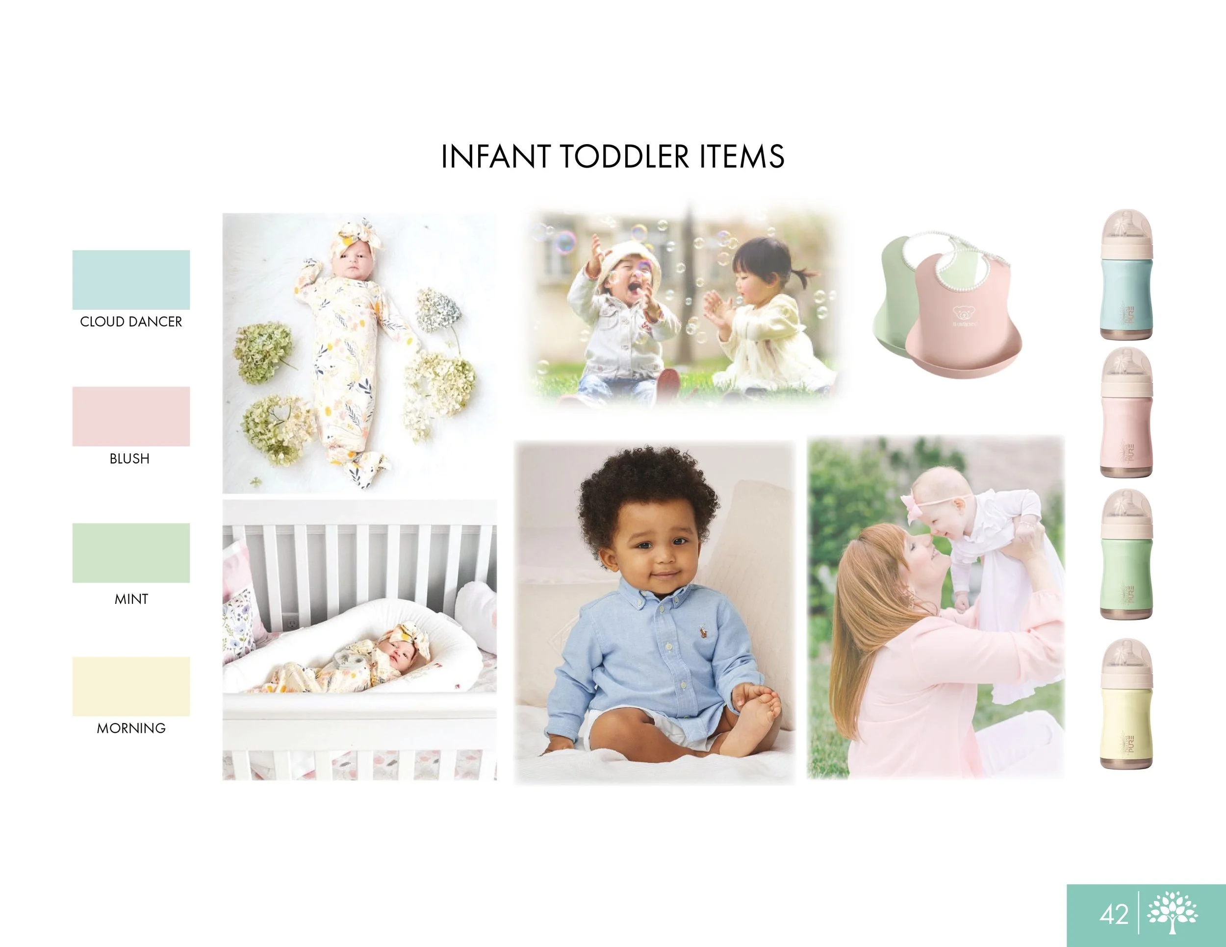 Infant Toddler Items color and lifestyle collage featuring four pastel color options—Cloud Dancer light blue, Blush pink, Mint green, and Morning yellow—accompanied by photos of babies playing, in a crib, and with a mother, as well as an image of a s