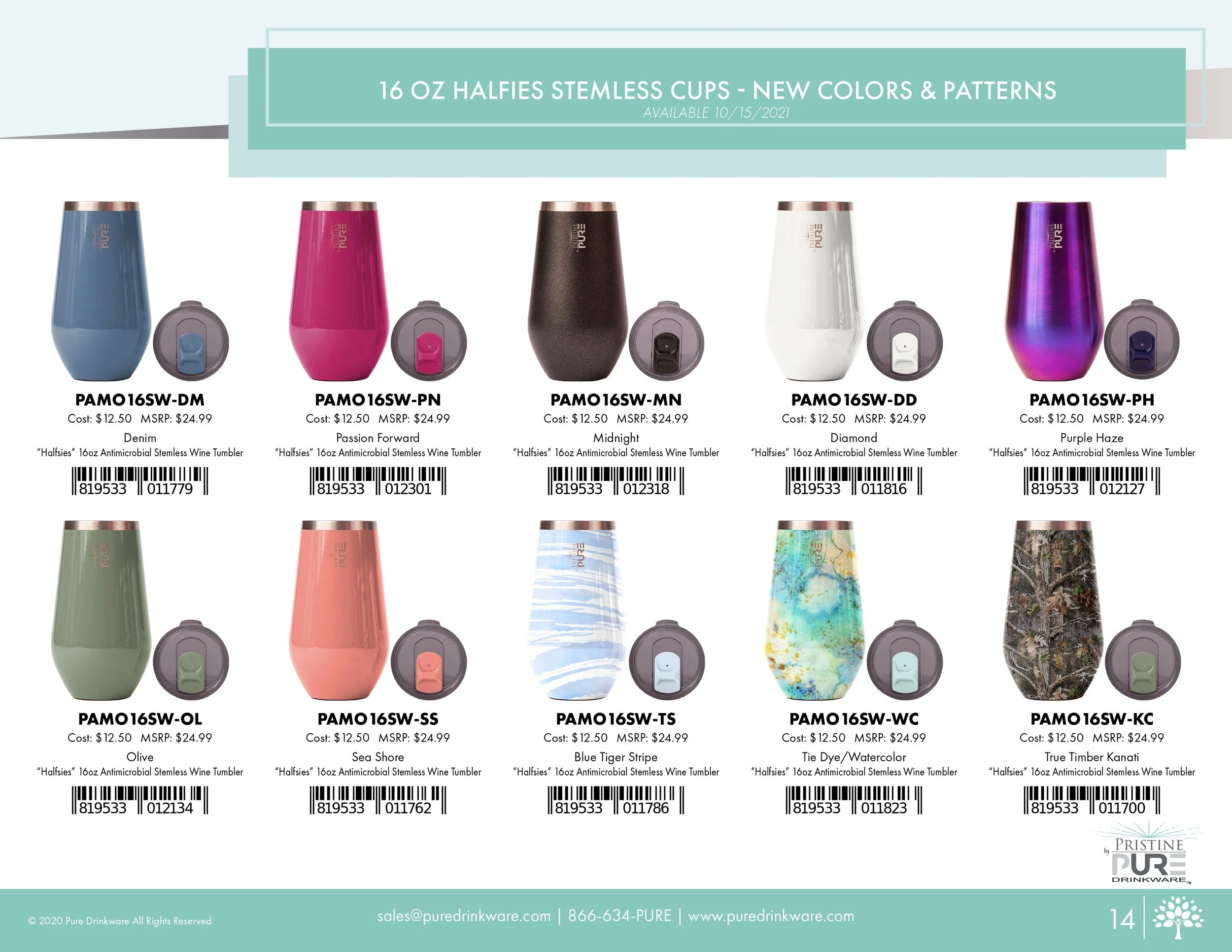 "16 oz Halfies Stemless Cups" product page showing new colors and patterns available 10/15/2021: Denim, Passion Forward, Midnight, Diamond, Purple Haze, Olive, Sea Shore, Blue Tiger Stripe, Tie Dye/Watercolor, and True Timber Kanati, each with a cost