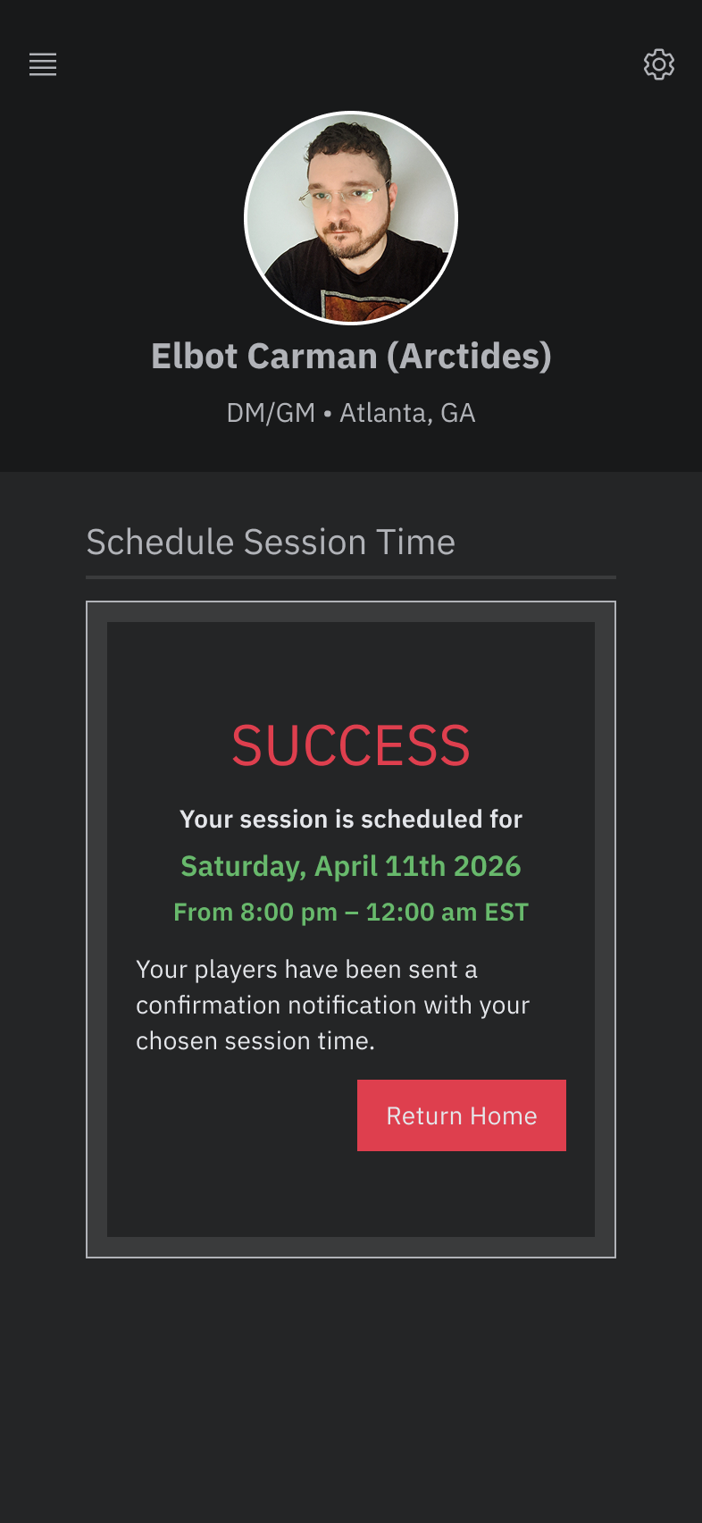 When the finalized time is submitted, the DM will get this message.