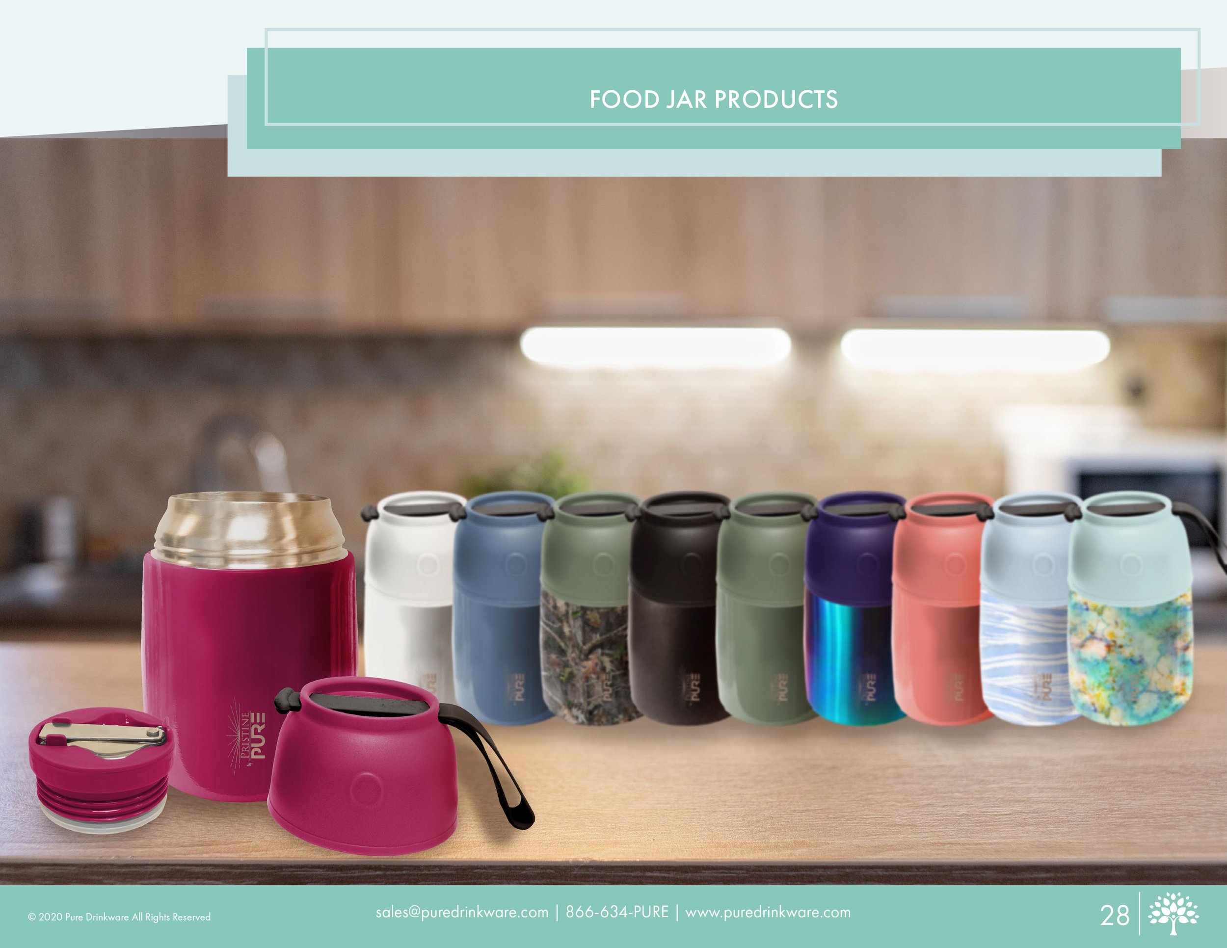 Food Jar Products section showing a group shot of various insulated thermal food jars, including a large pink MacGyver jar and a line of smaller jars in assorted colors and patterns, arranged on a wooden kitchen counter.