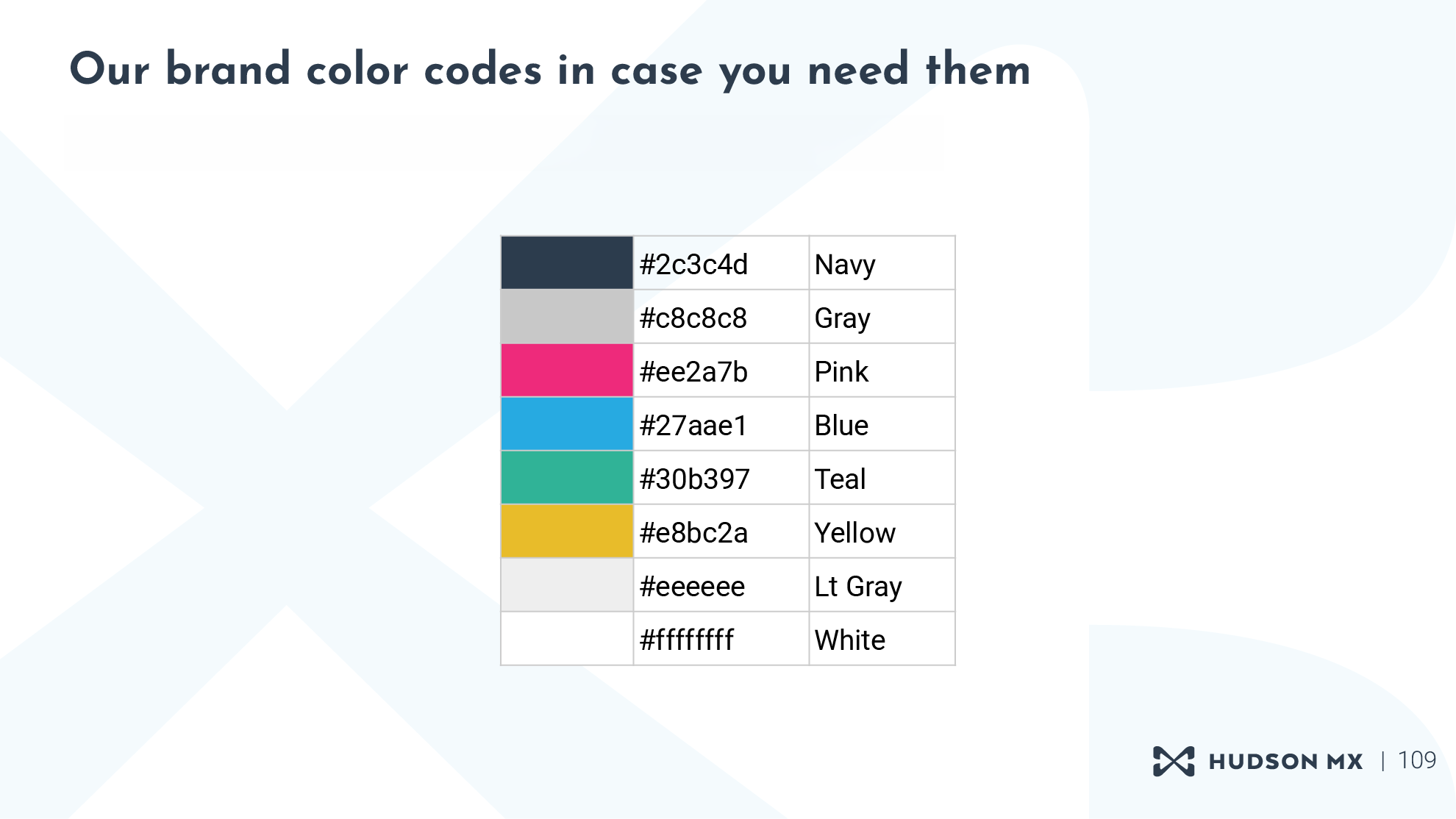 Brand color palette with codes included.