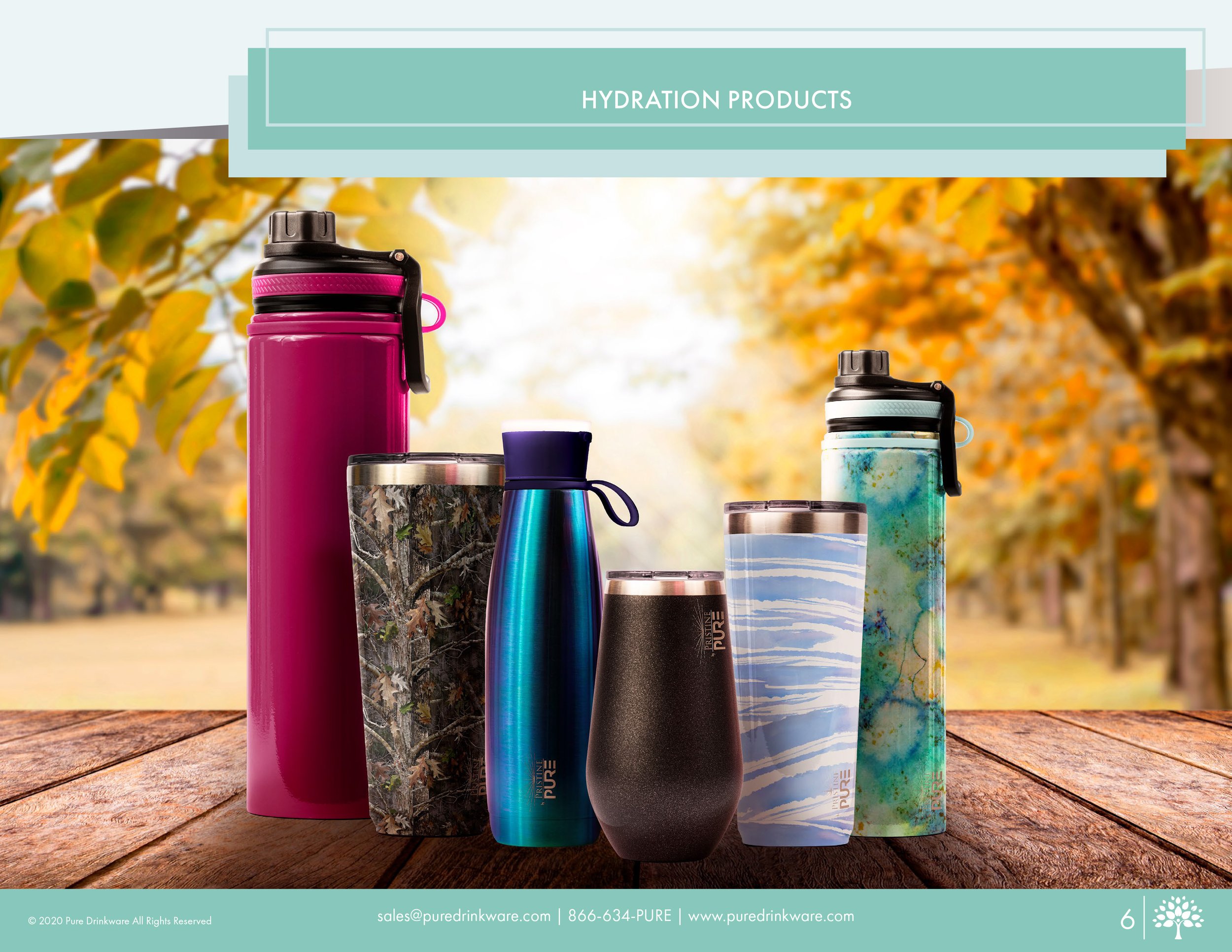 Hydration Products section displaying a group shot of various bottles and tumblers arranged on a wooden table outdoors with blurred autumn leaves in the background.