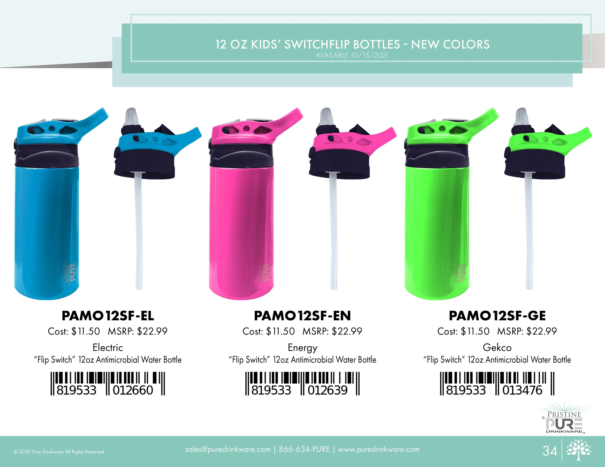 "12 oz Kids' SwitchFlip Bottles" product page showing new colors available 10/15/2021: Electric, Energy, and Gekco, each with a cost of $11.50 and MSRP of $22.99, including barcodes.