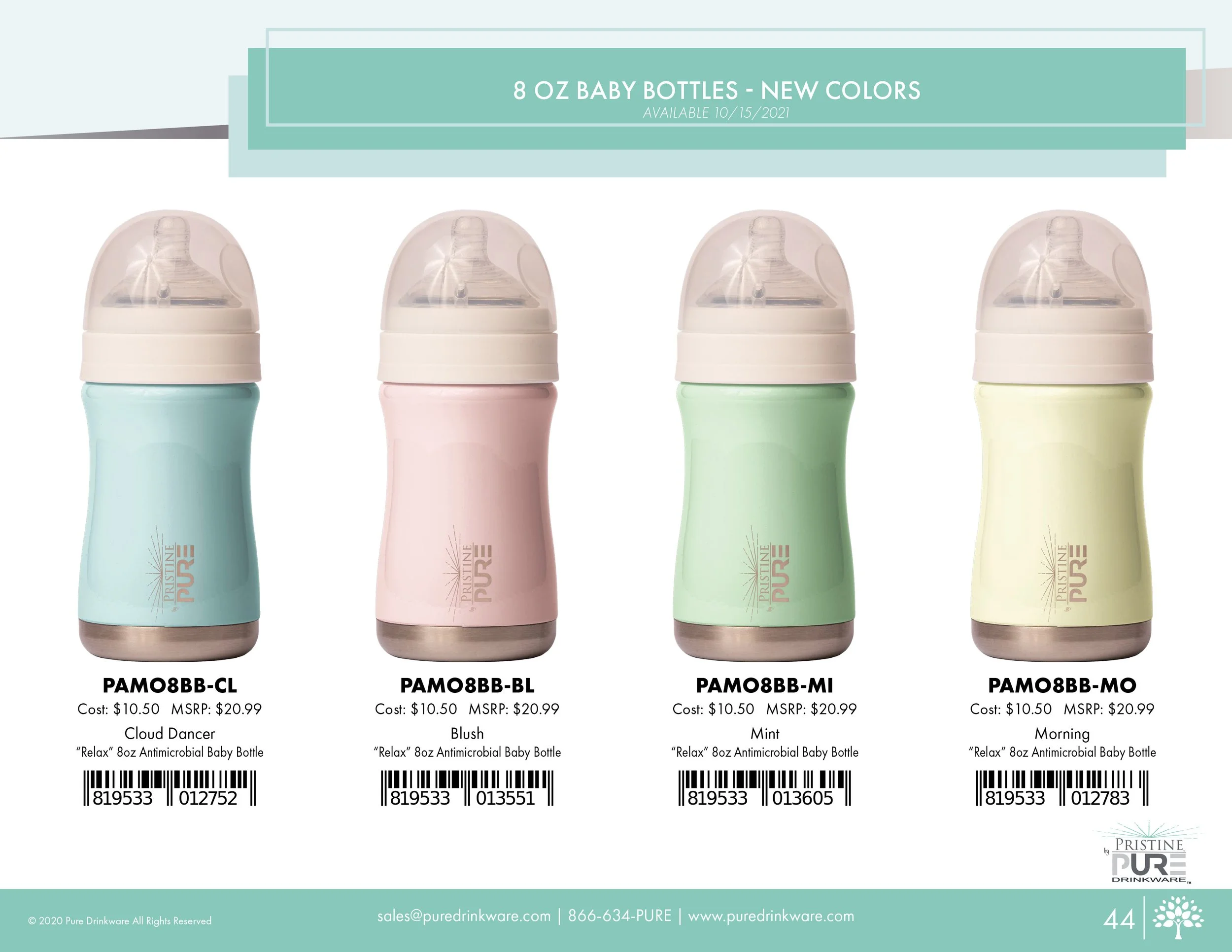 "8 oz Baby Bottles" product page showing new colors available 10/15/2021: Cloud Dancer, Blush, Mint, and Morning, each with a cost of $10.50 and MSRP of $20.99, including barcodes.