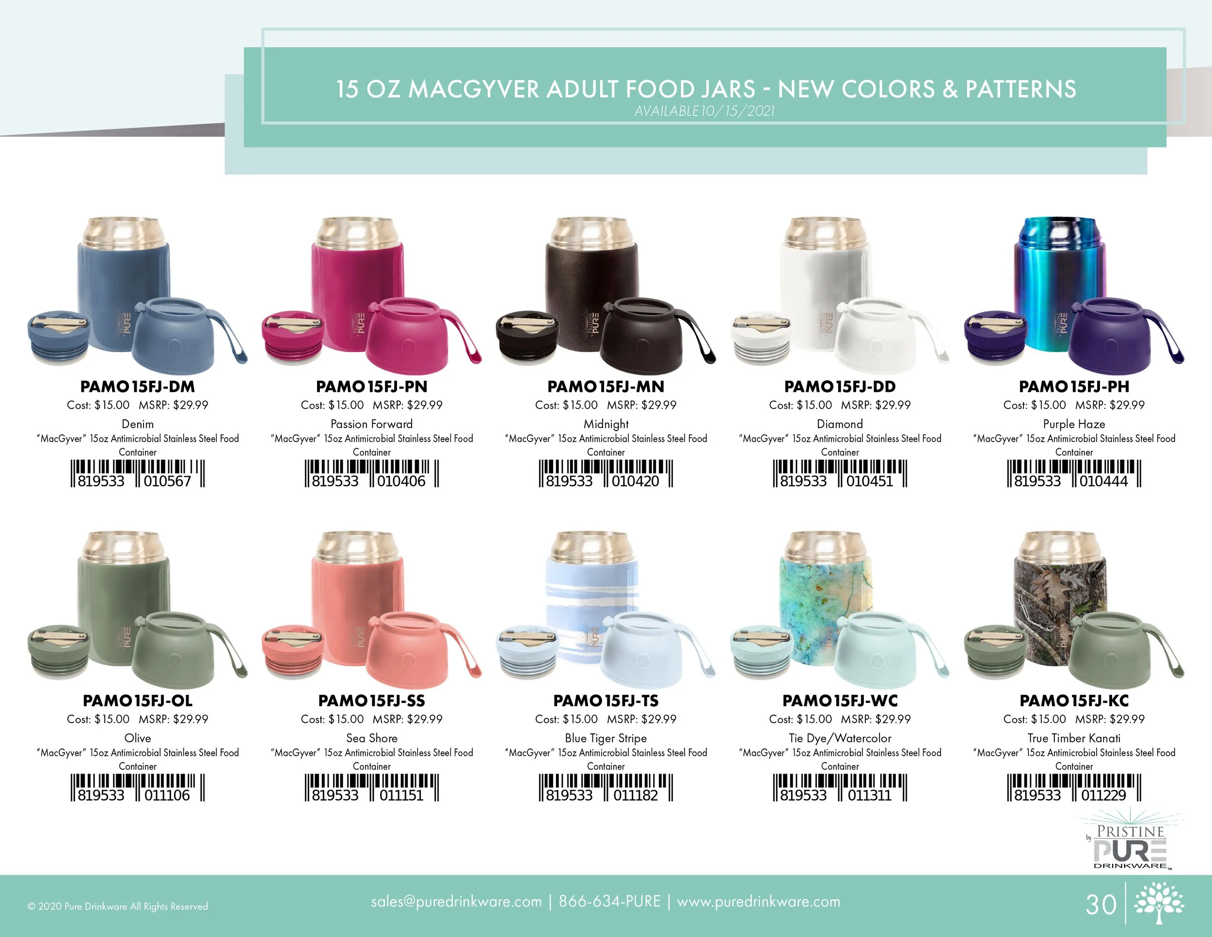 "15 oz MacGyver Adult Food Jars" product page showing new colors and patterns available 10/15/2021: Denim, Passion Forward, Midnight, Diamond, Purple Haze, Olive, Sea Shore, Blue Tiger Stripe, Tie Dye/Watercolor, and True Timber Kanati, each with a c