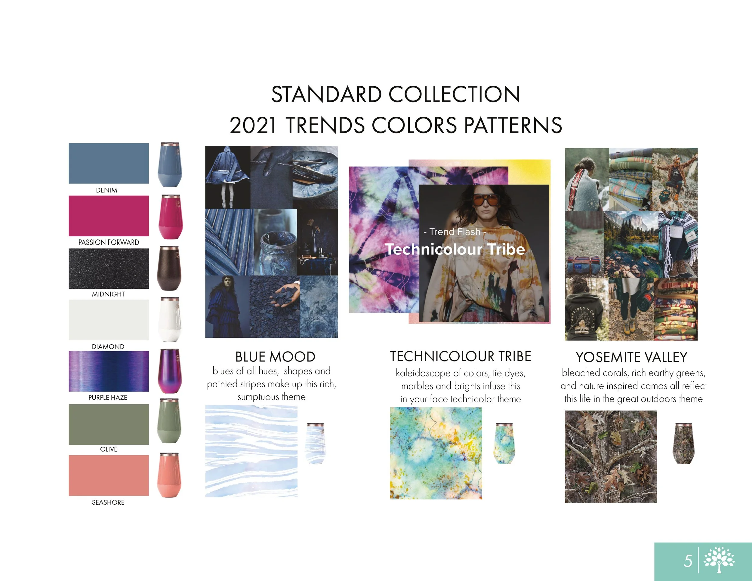 "Standard Collection" 2021 trends page showcasing a color palette including Denim, Passion Forward, Midnight, Diamond, Purple Haze, Olive, and Seashore, alongside three lifestyle themes: Blue Mood, Technicolour Tribe, and Yosemite Valley.