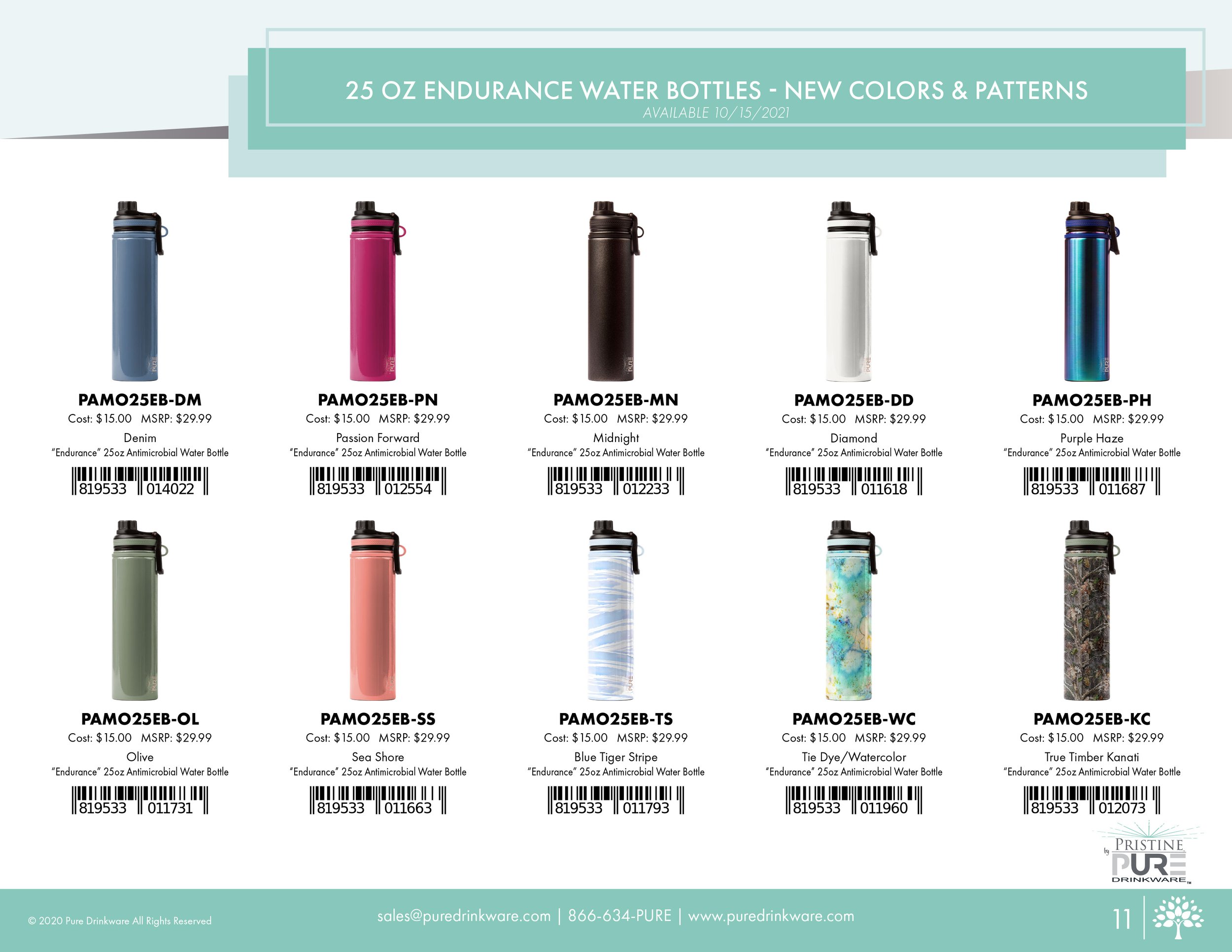 "25 oz Endurance Water Bottles" product page showing new colors and patterns available 10/15/2021: Denim, Passion Forward, Midnight, Diamond, Purple Haze, Olive, Sea Shore, Blue Tiger Stripe, Tie Dye/Watercolor, and True Timber Kanati, each with a co