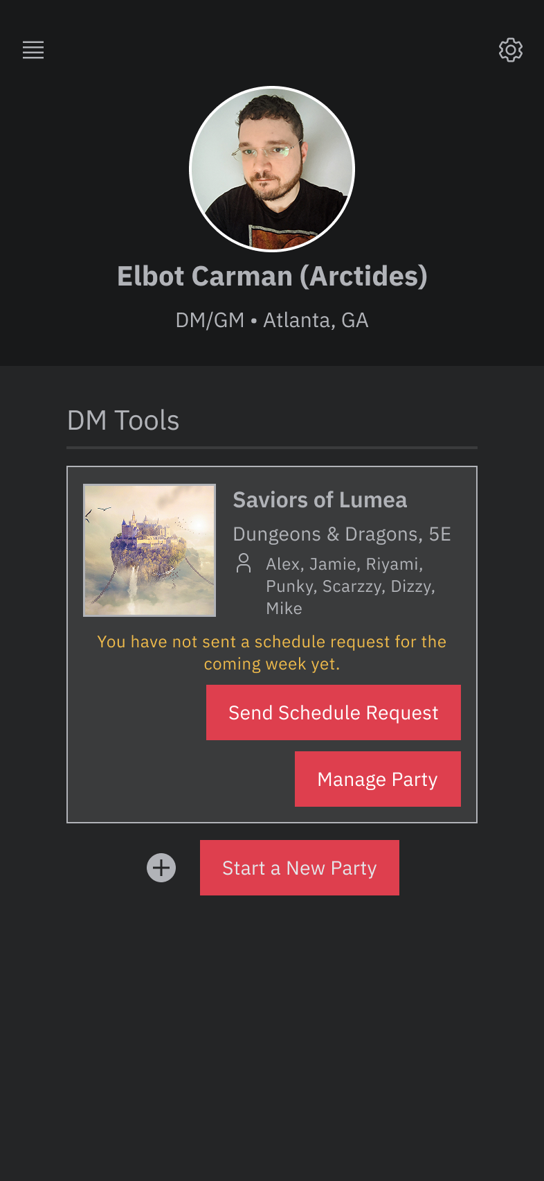 If a user's account is set up to function only as a DM/GM, the DM tools section will display on Home.