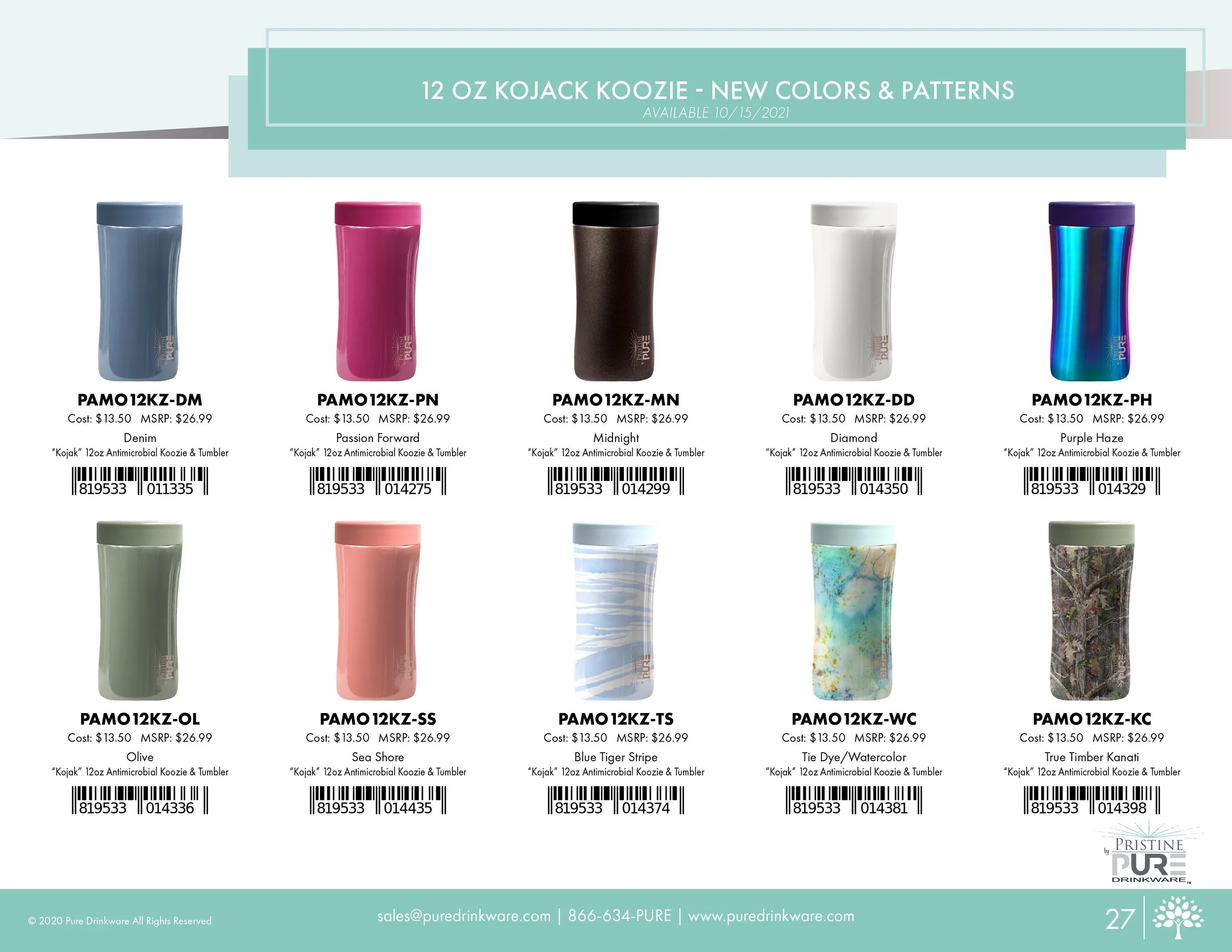 "12 oz Kojack Koozie" product page showing new colors and patterns available 10/15/2021: Denim, Passion Forward, Midnight, Diamond, Purple Haze, Olive, Sea Shore, Blue Tiger Stripe, Tie Dye/Watercolor, and True Timber Kanati, each with a cost of $13.