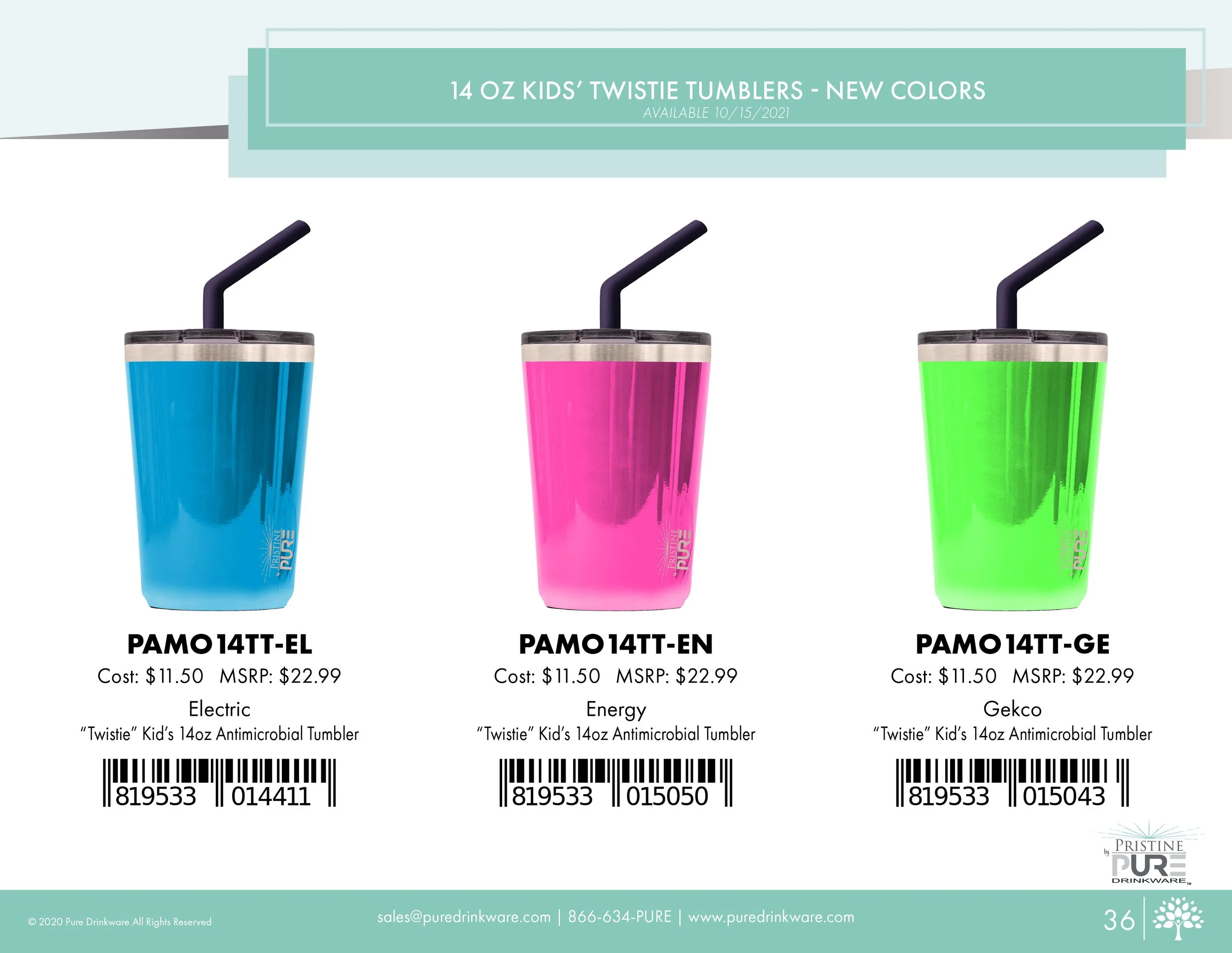 "14 oz Kids' Twistie Tumblers" product page showing new colors available 10/15/2021: Electric, Energy, and Gekco, each with a cost of $11.50 and MSRP of $22.99, including barcodes.