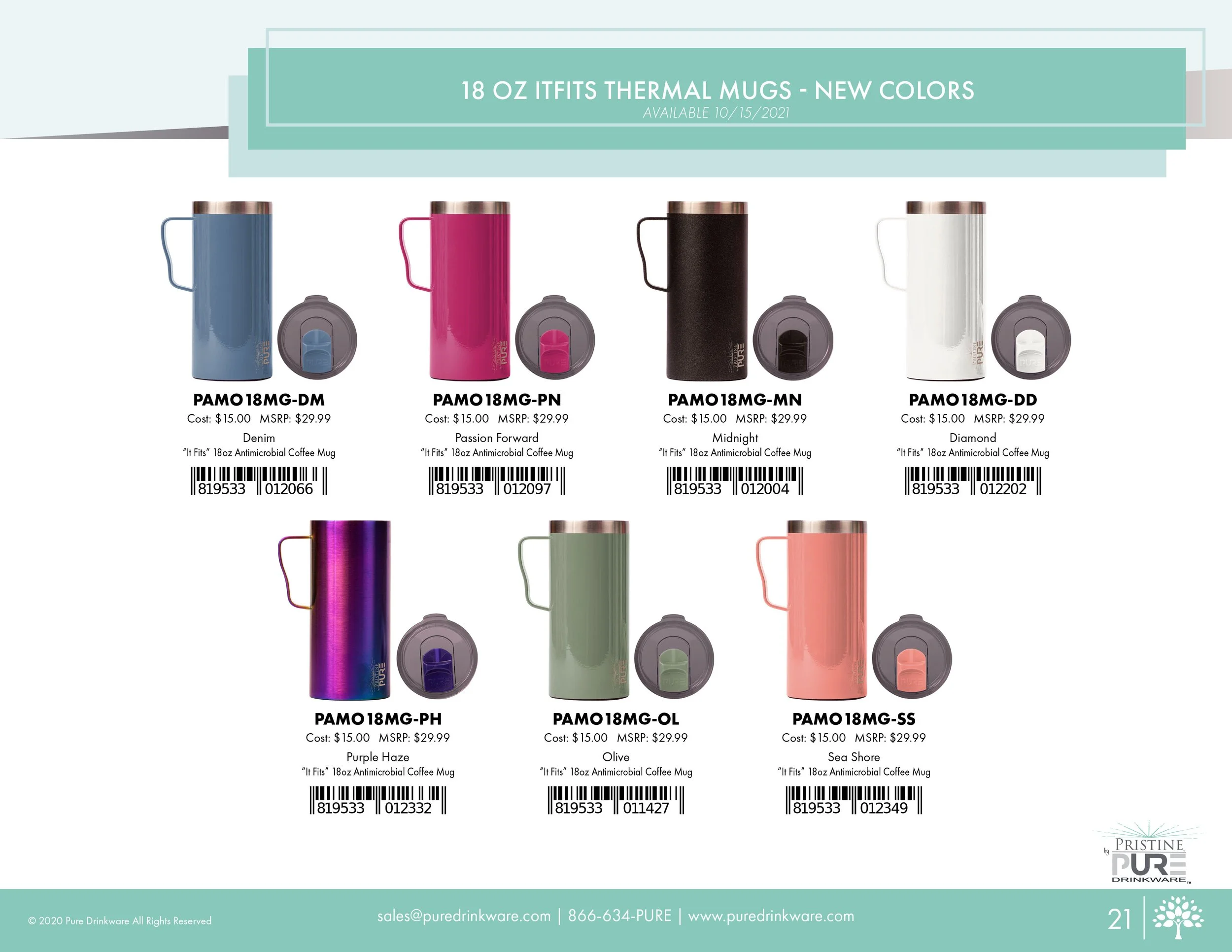 "18 oz ItFits Thermal Mugs" product page showing new colors available 10/15/2021: Denim, Passion Forward, Midnight, Diamond, Purple Haze, Olive, and Sea Shore, each with a cost of $15.00 and MSRP of $29.99, including barcodes.