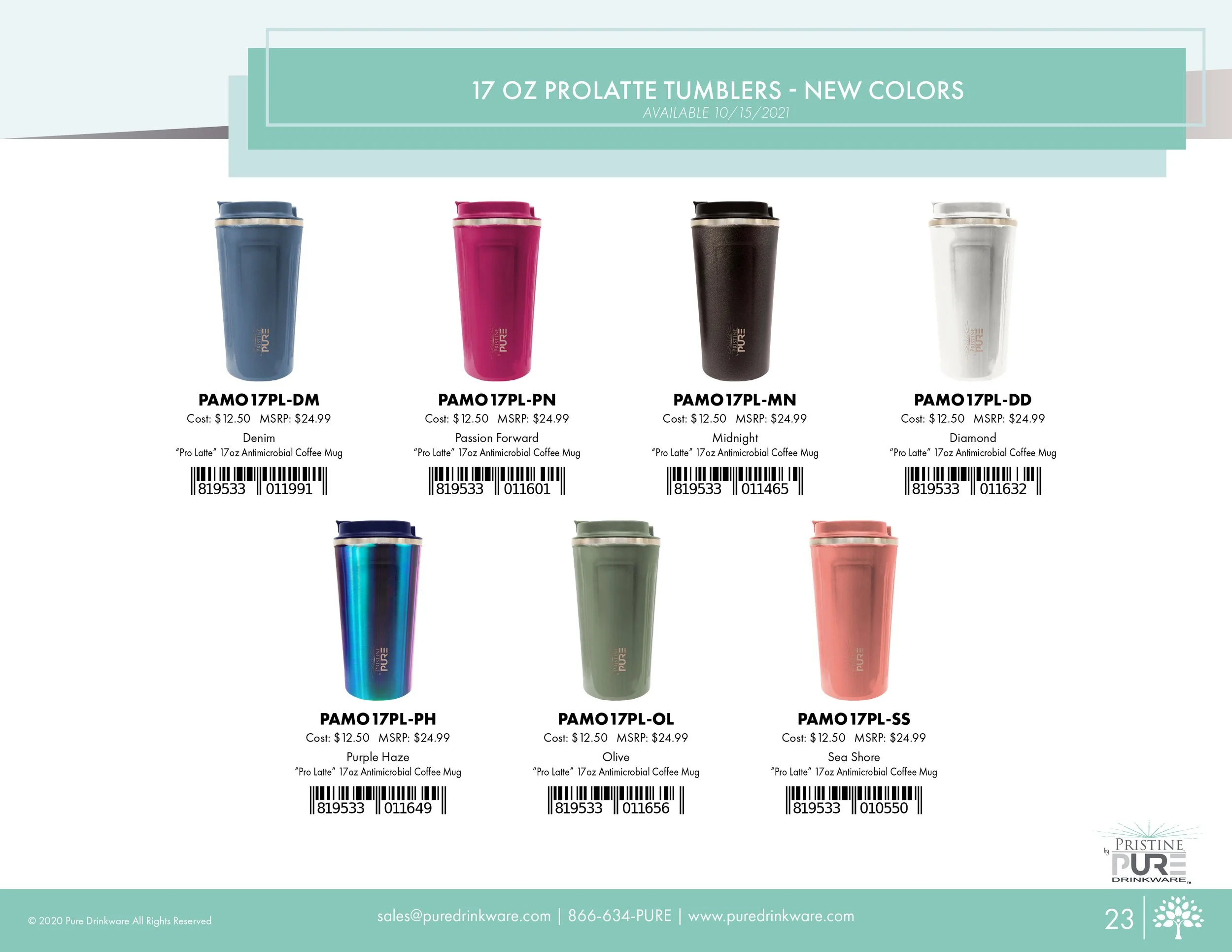 "17 oz ProLatte Tumblers" product page showing new colors available 10/15/2021: Denim, Passion Forward, Midnight, Diamond, Purple Haze, Olive, and Sea Shore, each with a cost of $12.50 and MSRP of $24.99, including barcodes.