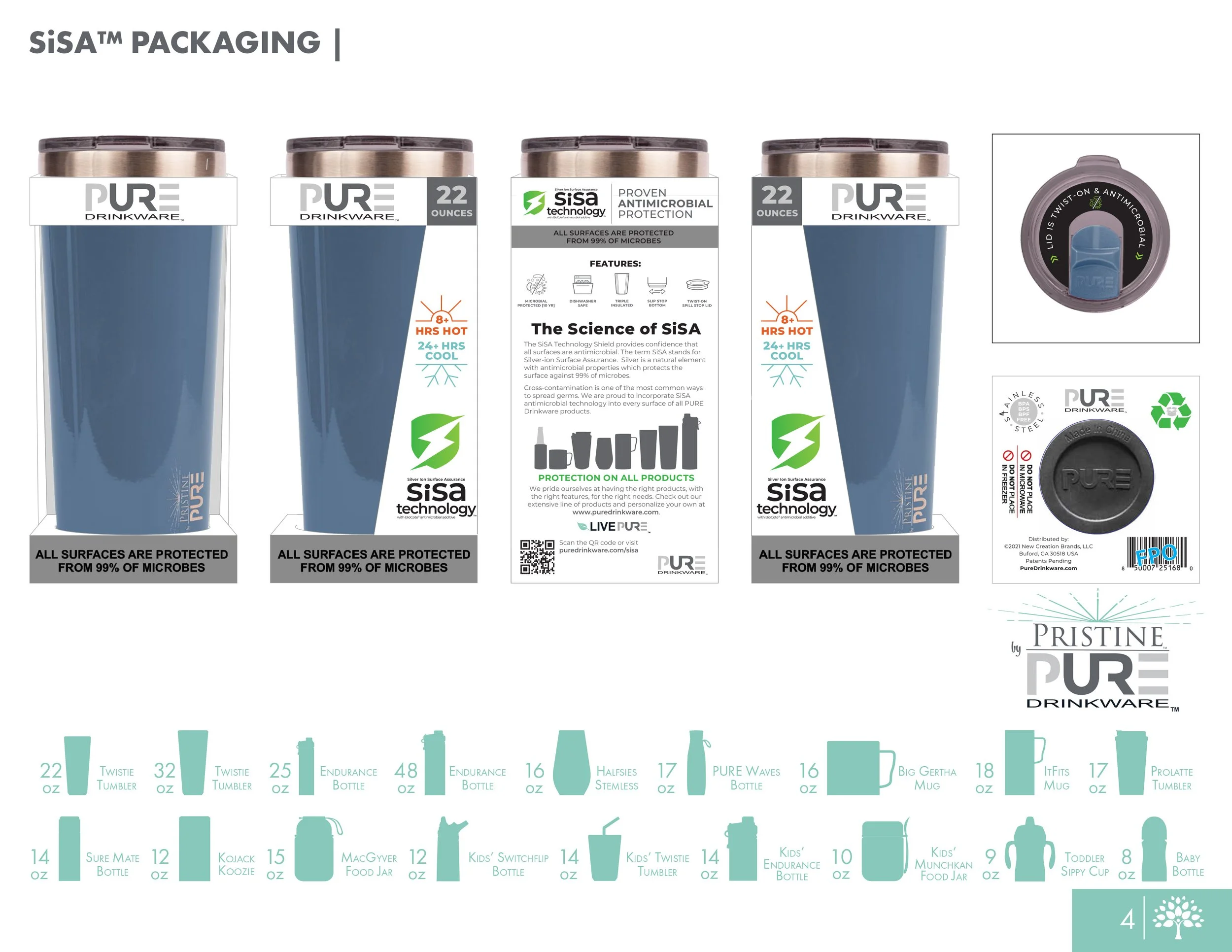 SiSA Packaging page displaying the retail packaging for various drinkware items, featuring "ALL SURFACES ARE PROTECTED FROM 99% OF MICROBES" callouts, a material composition chart, and a silhouette outline showing the full product range.