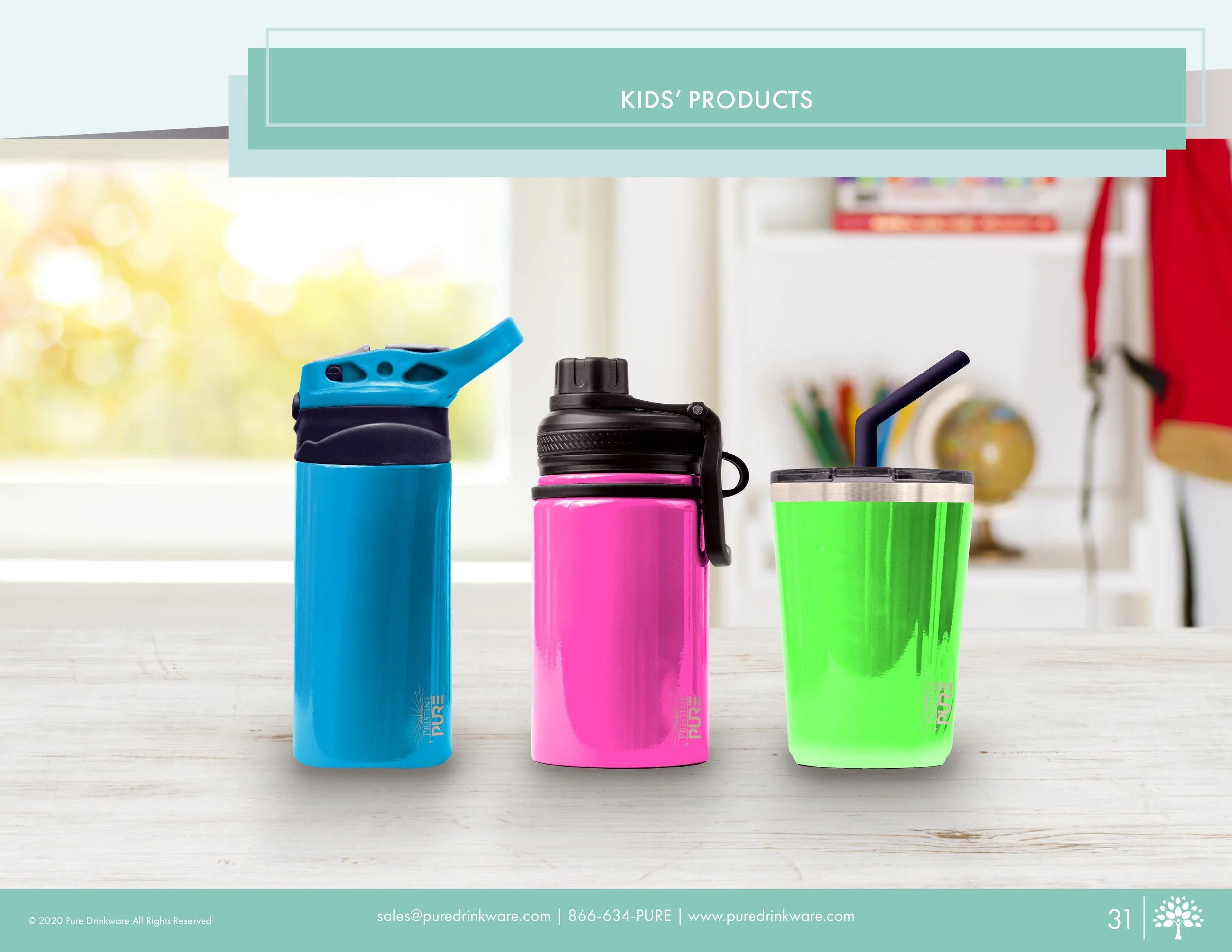 Kids' Products section showing a group shot of three vibrant kids' drinkware items: a blue SwitchFlip bottle, a pink Endurance bottle, and a green Twistie tumbler with a straw, set against a blurred background of a child's room.