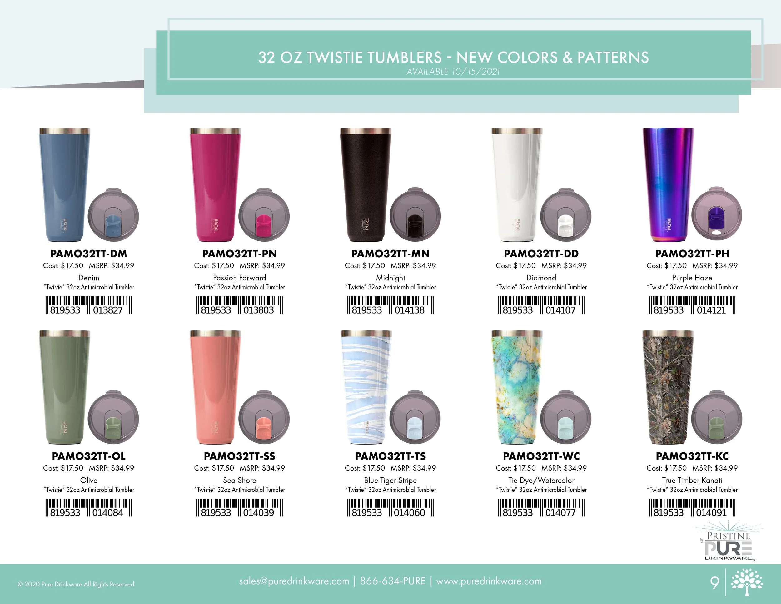 "32 oz Twistie Tumblers" product page showing new colors and patterns available 10/15/2021: Denim, Passion Forward, Midnight, Diamond, Purple Haze, Olive, Sea Shore, Blue Tiger Stripe, Tie Dye/Watercolor, and True Timber Kanati, each with a cost of $