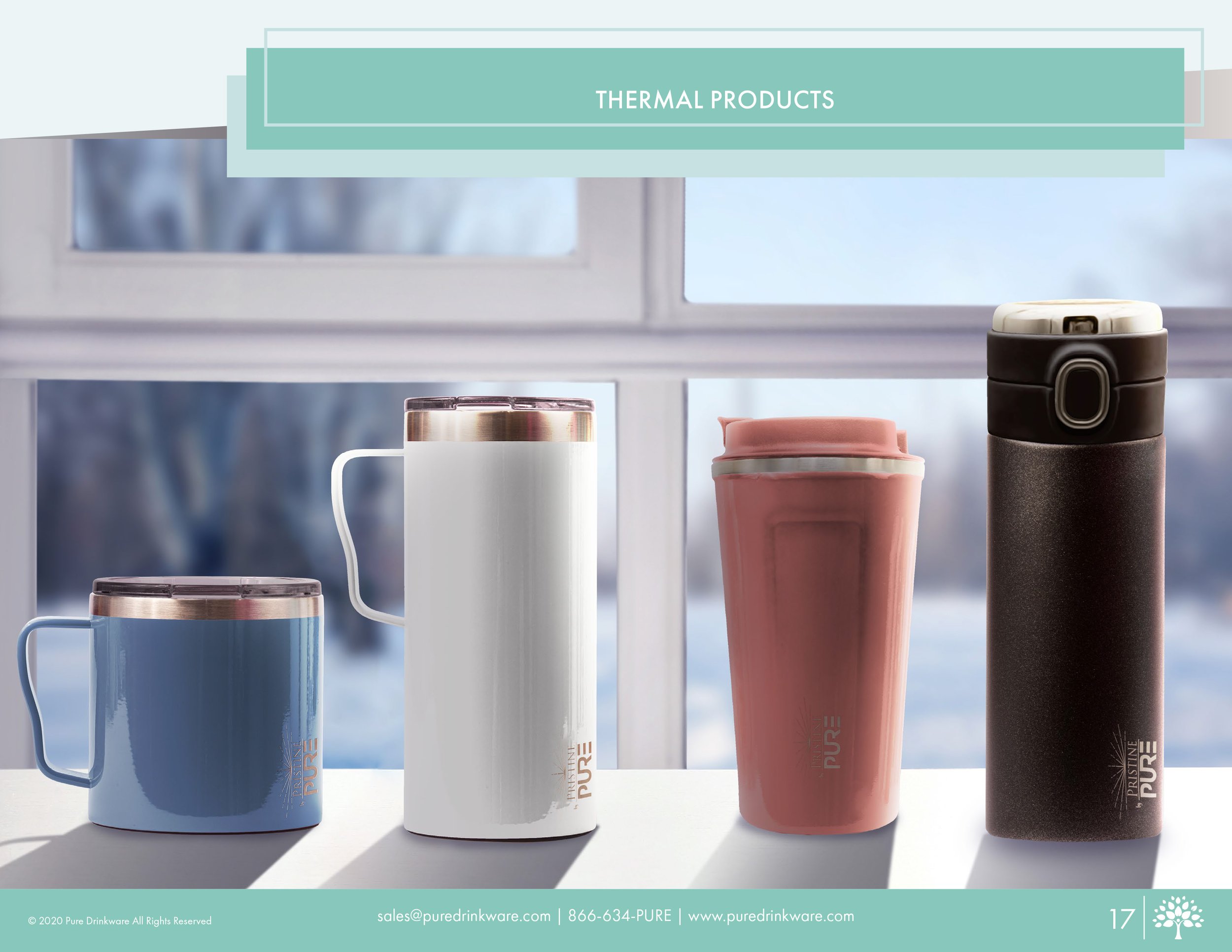 Thermal Products section showing a group shot of four insulated mugs and travel tumblers in blue, white, salmon, and black, arranged on a sill against a background of a window with light snow outside.