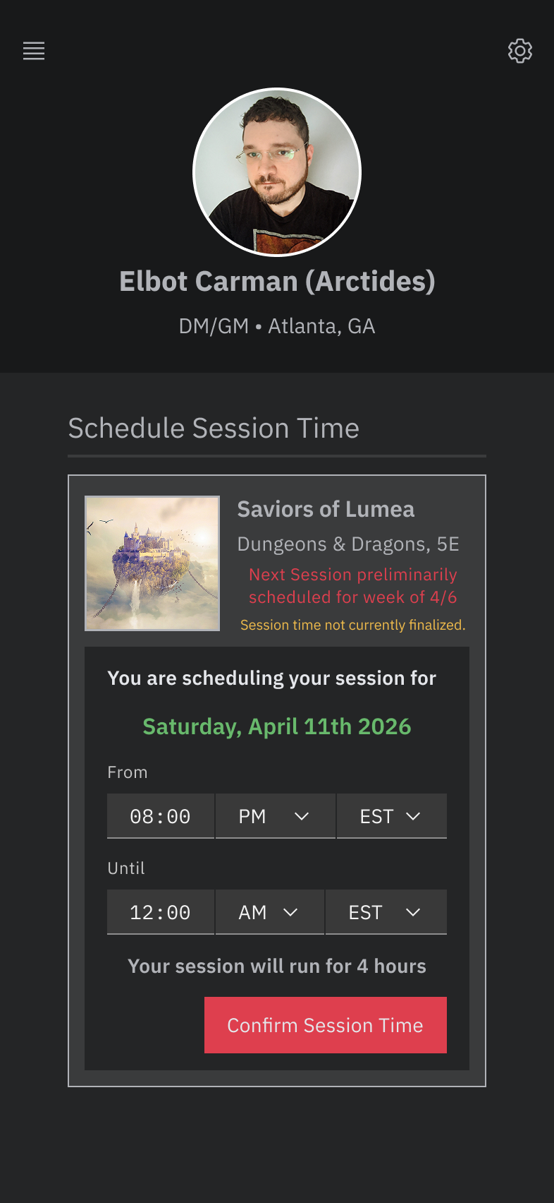 After selecting the desired time slot, the DM can specify the finalized times for the session.