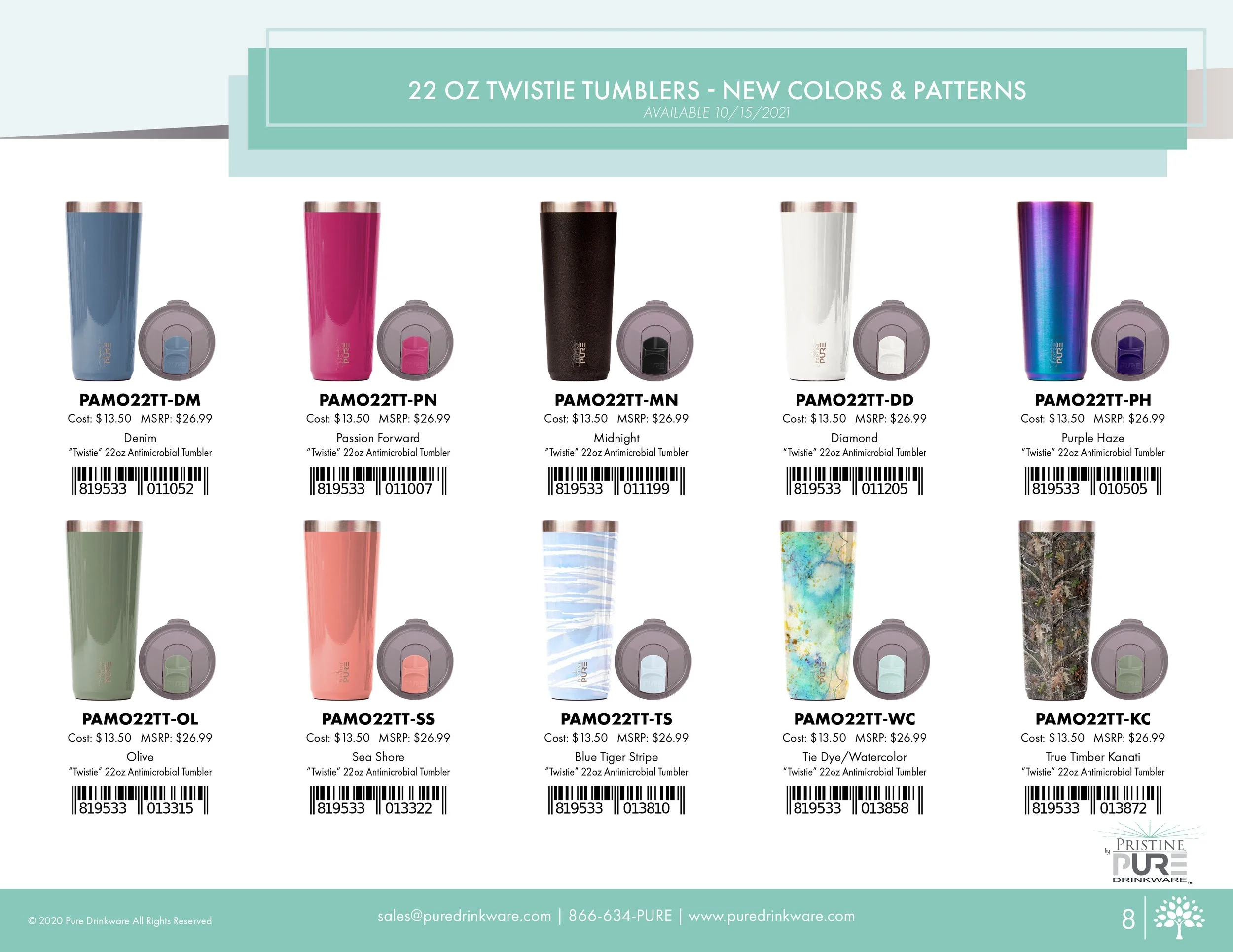 "22 oz Twistie Tumblers" product page showing new colors and patterns available 10/15/2021: Denim, Passion Forward, Midnight, Diamond, Purple Haze, Olive, Sea Shore, Blue Tiger Stripe, Tie Dye/Watercolor, and True Timber Kanati, each with a cost of $