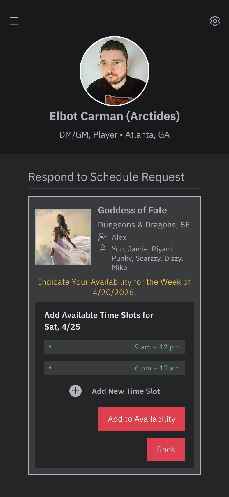 Clicking a specific day will bring up a prompt allowing the player to enter their available time slots for the day.