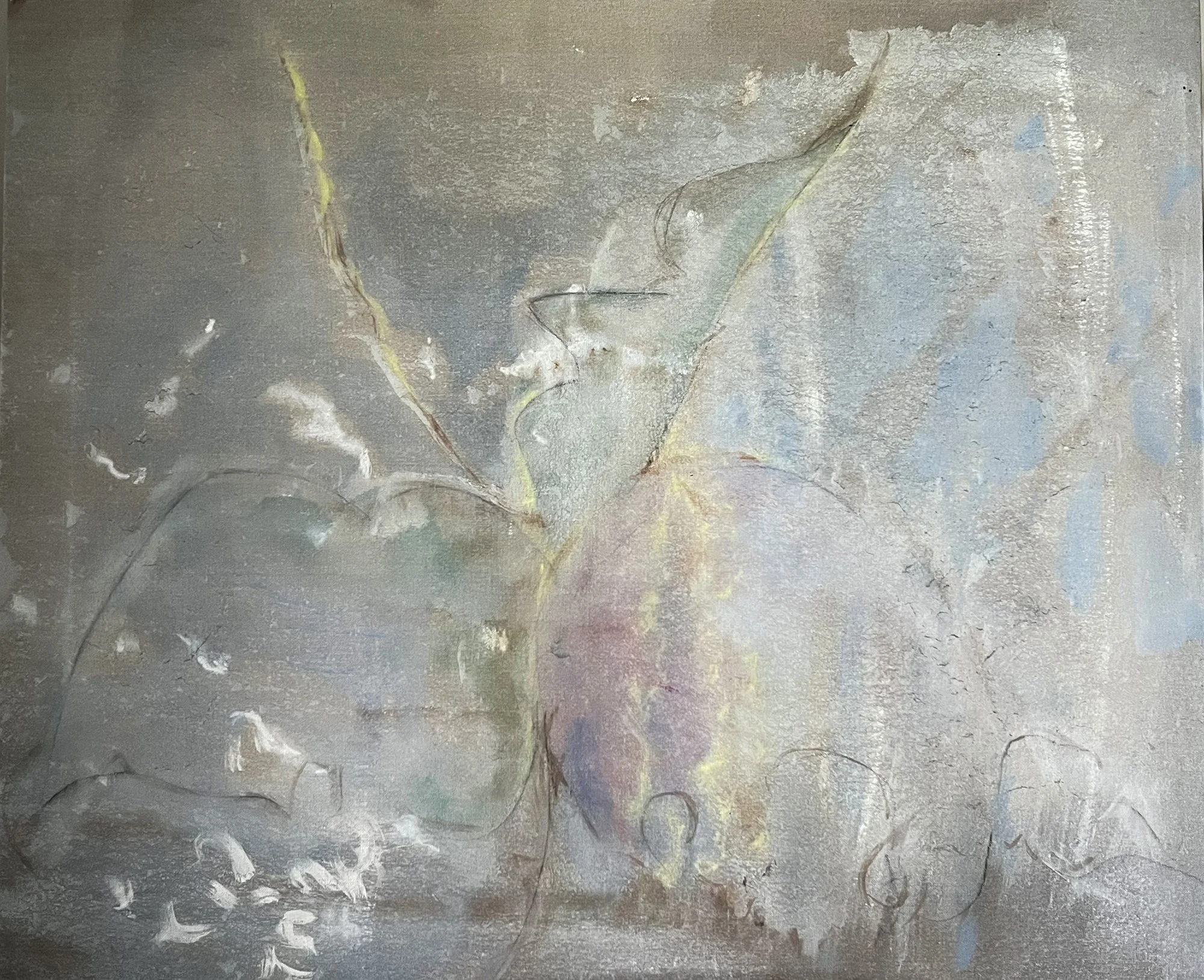 Greens Cove: Gulls flying through foggy coastal atmosphere, oil and charcoal on linen, flora, ocean, muted tones.
