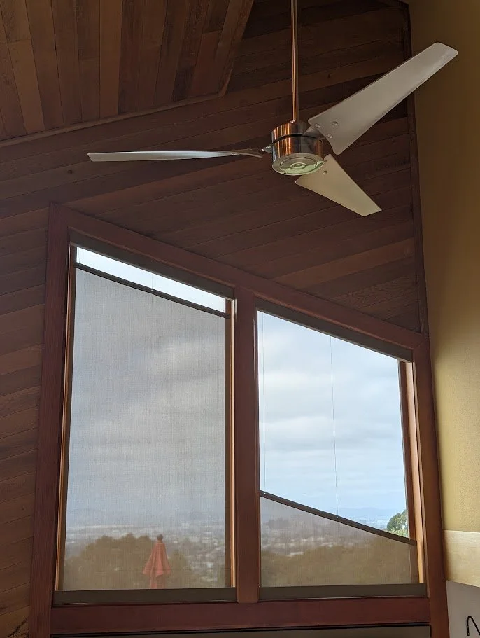 Ceiling fan hanging from a wooden ceiling next to windows with shades, overlooking a landscape with trees and overcast sky.