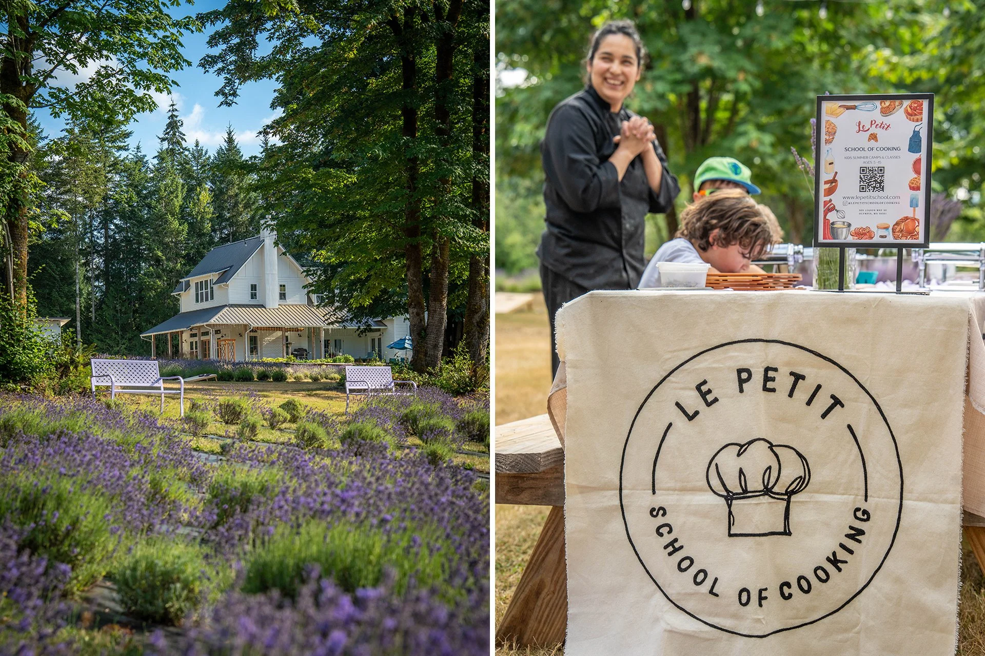 Two side-by-side images featuring a farmhouse and lavender farm, and a woman teaching children at an outdoor workshop for Le Petit School of Cooking