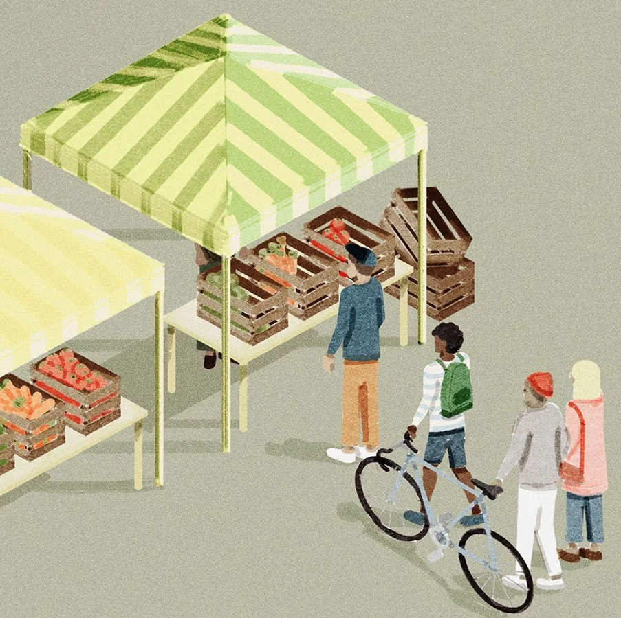 A graphic showing people walking up to a vendor at a covered stall at a farmer's market.
