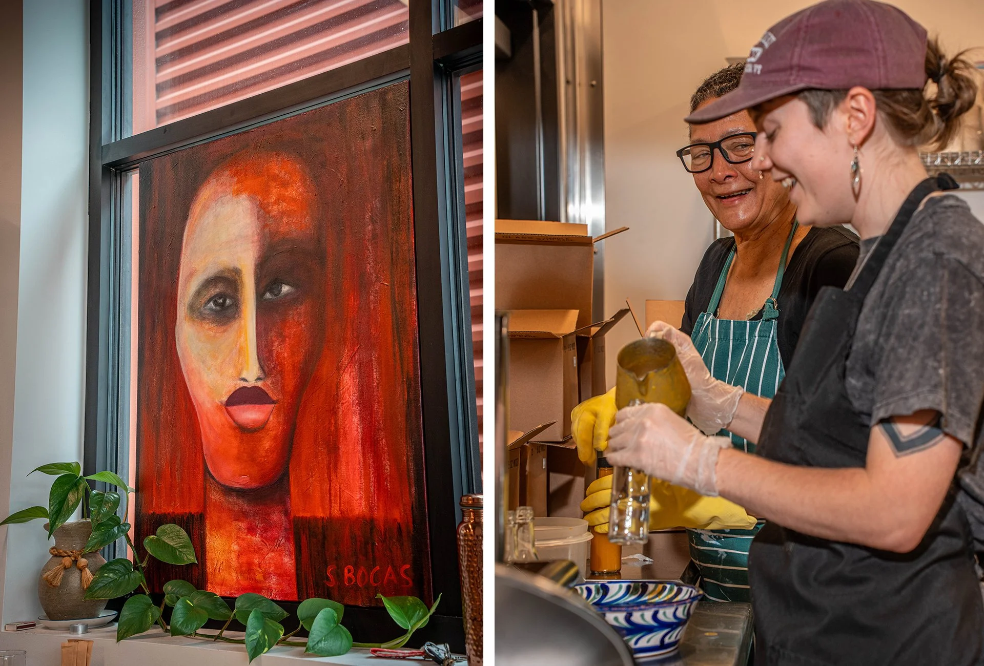 Two side-by-side images, one featuring a painting in a window, and the other of two women bottling hot sauce.