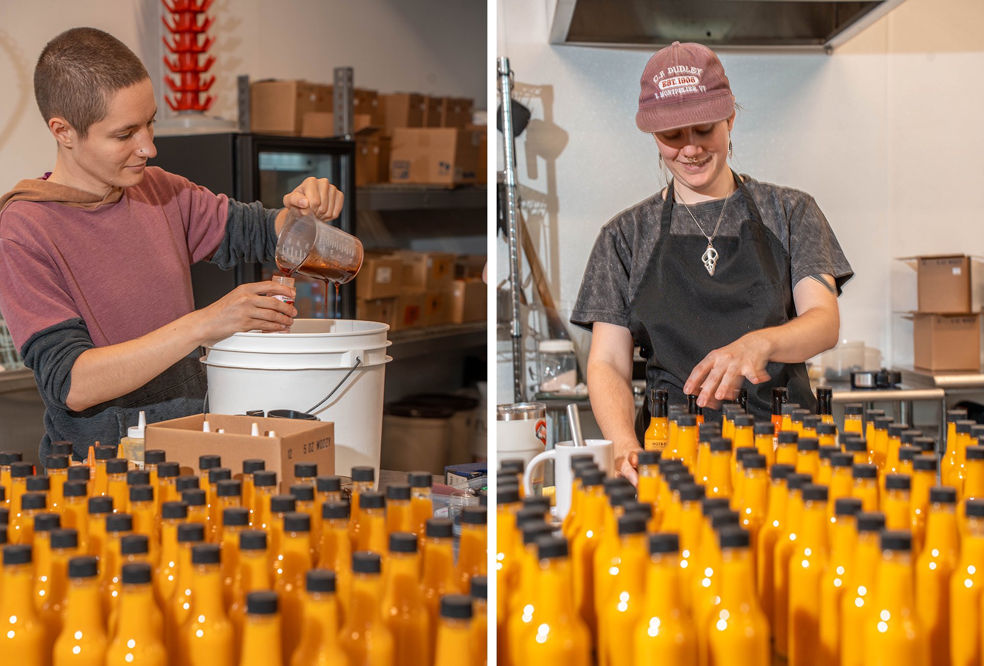 Two images featuring women bottling hot sauce surrounded by bright orange bottles of sauce.