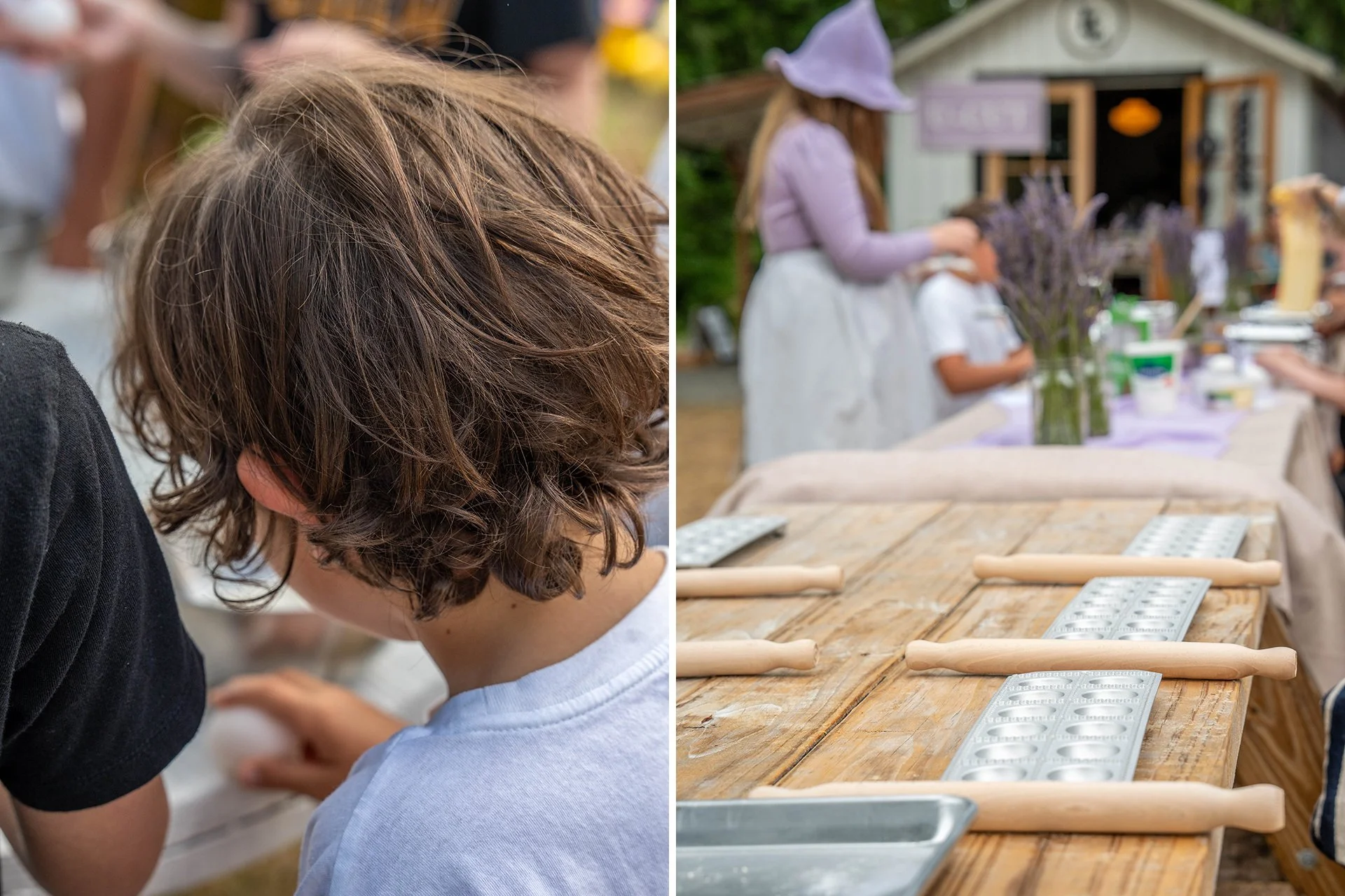 A child cracks an egg into a bowl, and a table holds small rolling pins and pastry trays.