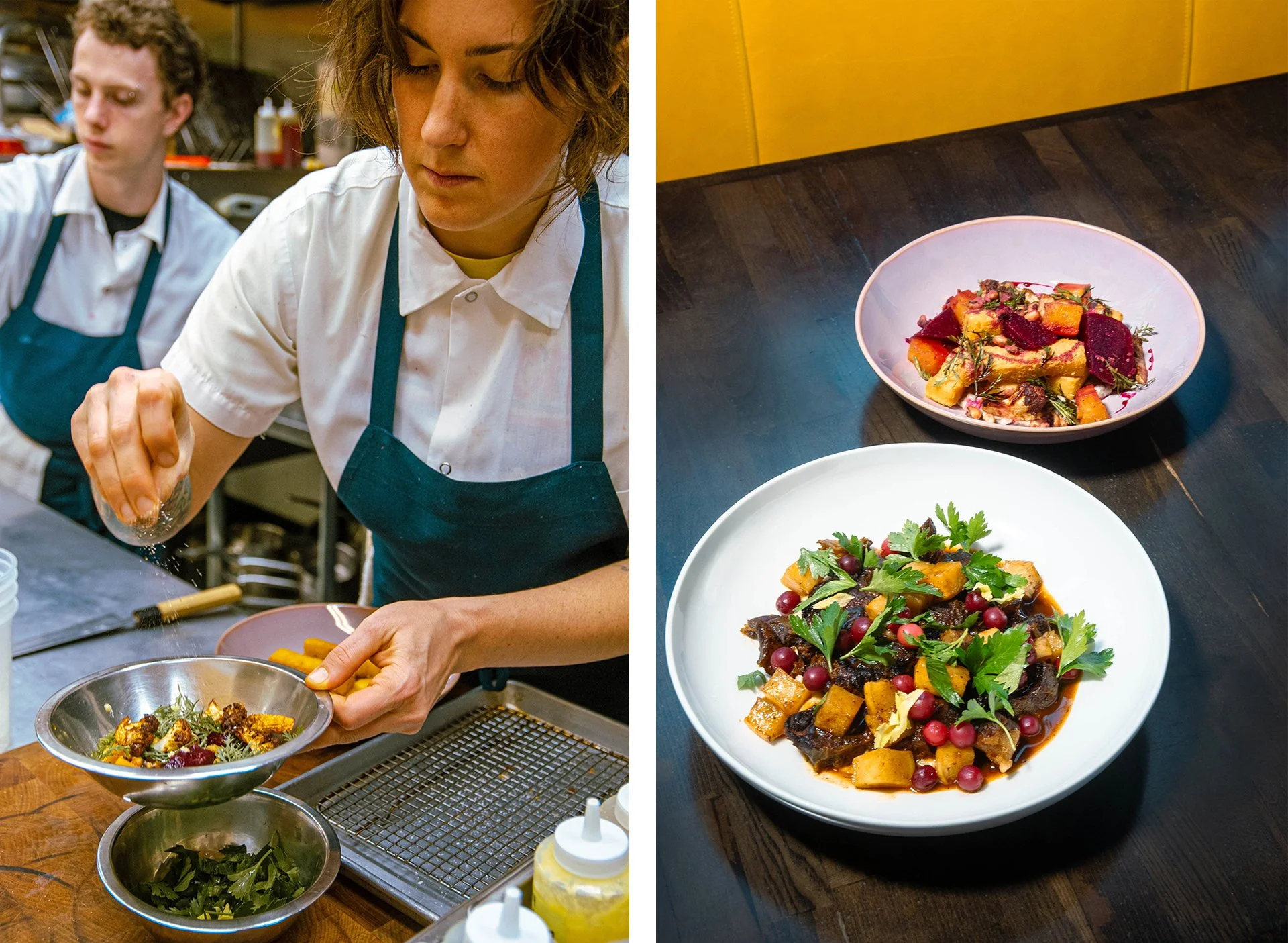 On the left, an image of Chef Elise Landry finishing a dish in the kitchen of Chicory, and on the right, two dishes featuring fresh, local ingredients.