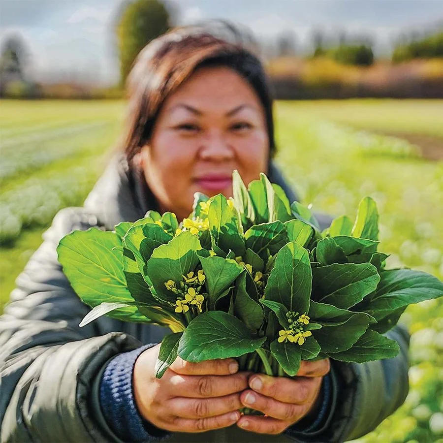 A woman in a field holds out a handful of Chinese greens with yellow flowers.