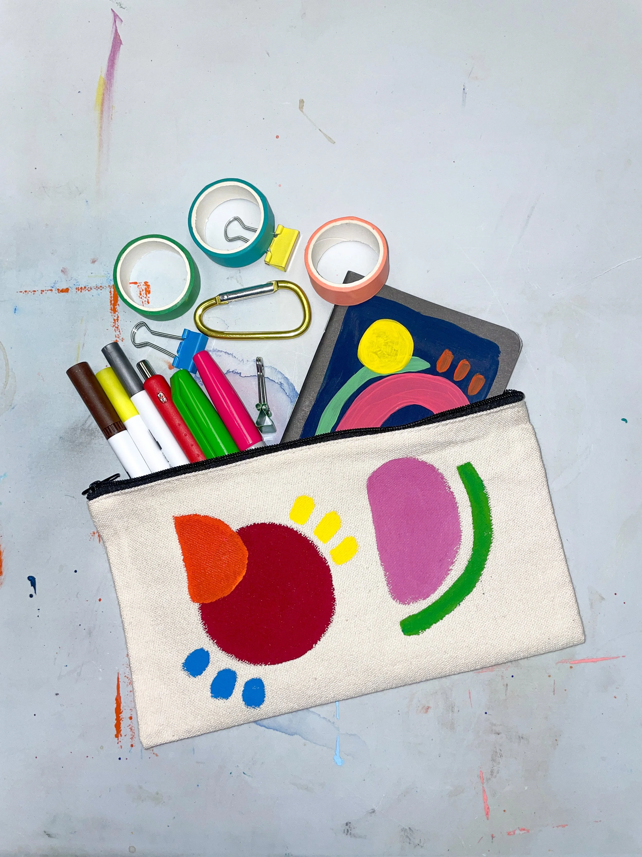 Red Circle with Black Zipper - Hand Painted Canvas Pouch