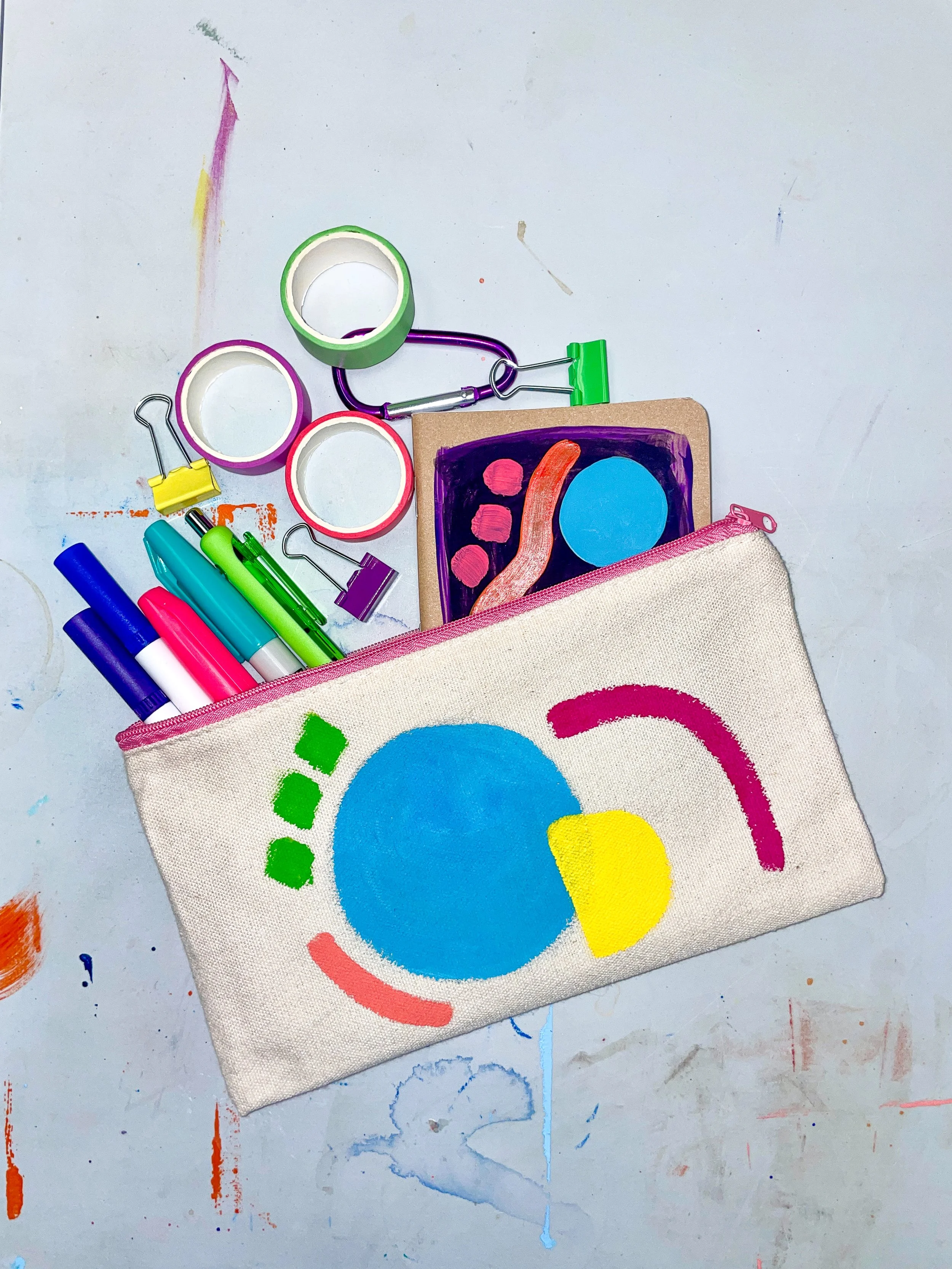 Blue Circle with Pink Zipper - Hand Painted Canvas Pouch