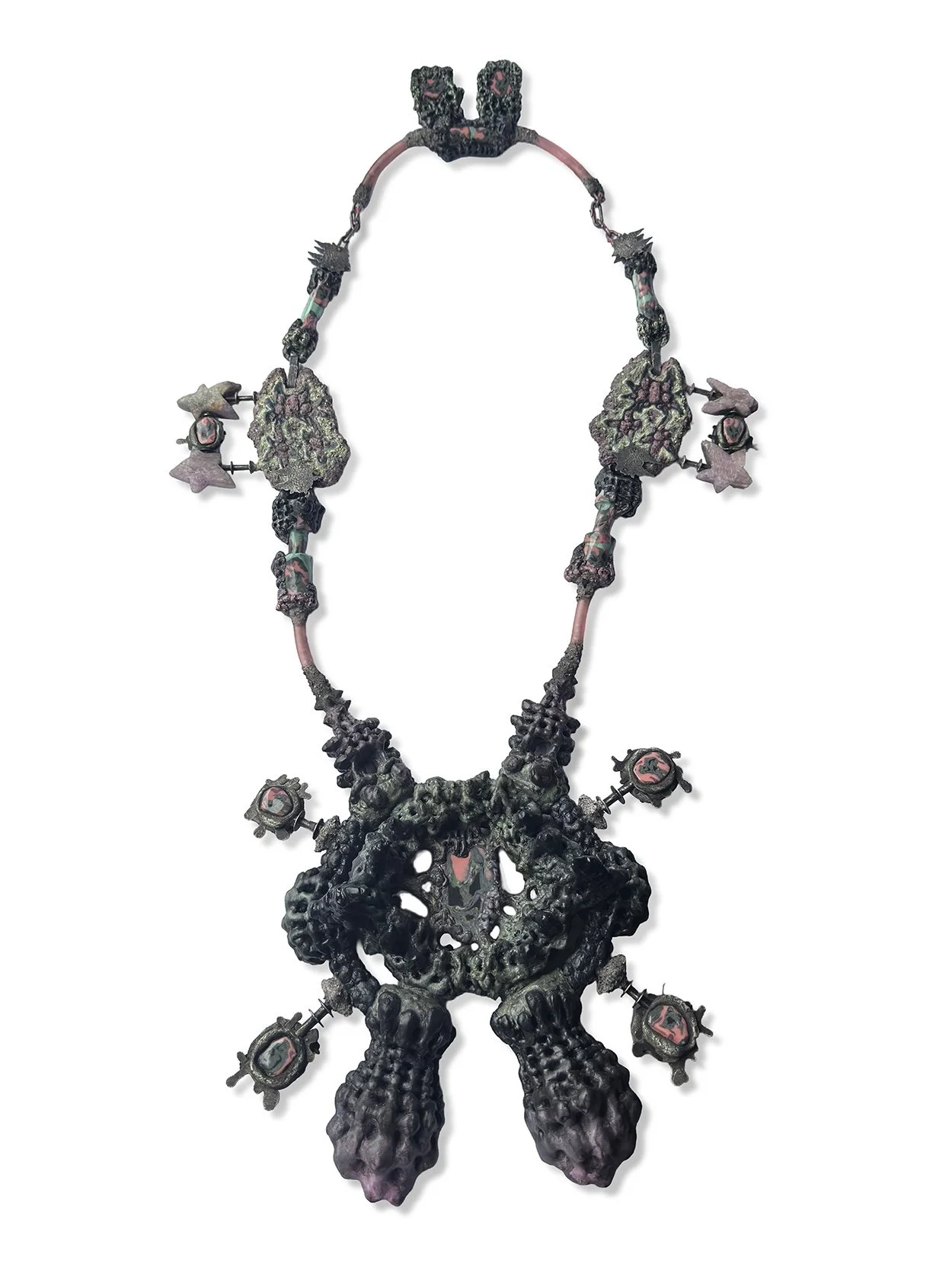 M0LAG_B4L[devilsportal], Electroformed Copper, Hand-Recycled and Forged Silver, Sterling Silver, Kunzite, Texas Dirt, Crushed Pearl, Crushed Shell, Epoxy Dust, Acrylic, Patina, Porcelain, Electroformed Porcelain, 30 x 10 x 6 in, 2026