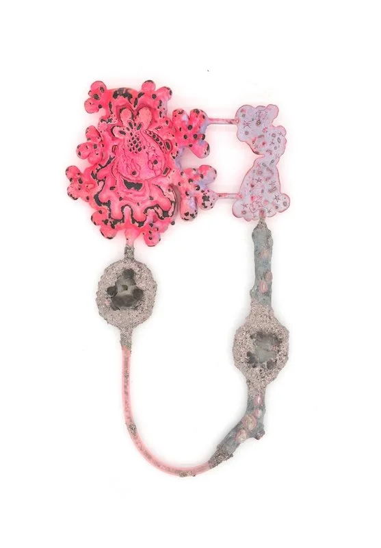 TH3LiiN0XiNA3[rock_collector], Sculpture,
Electroformed Copper, Steel, Panda Agate, 
Sticks, Geode Clusters, Asphalt, Texas Dirt, 
Epoxy, Petrol Line, Spray Paint, Patina
2024
15” H x 8.5” W x 1.75” D

