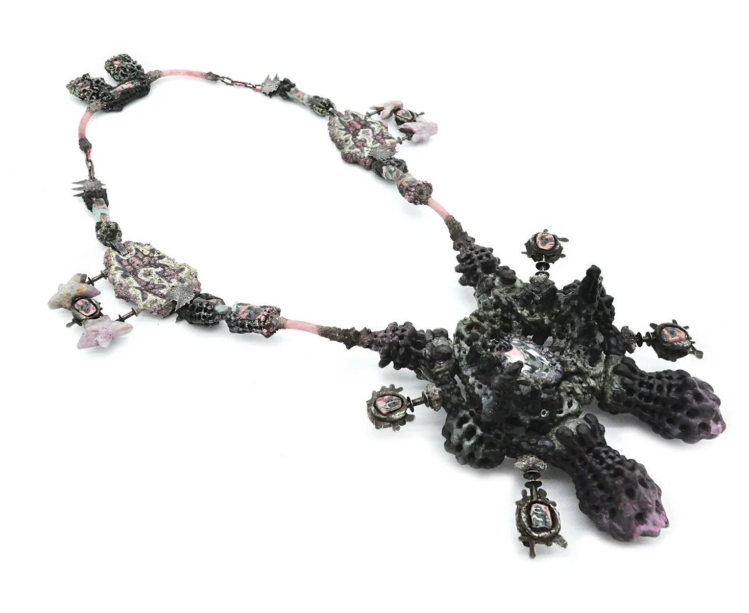 M0LAG_B4L[devilsportal], Electroformed Copper, Hand-Recycled and Forged Silver, Sterling Silver, Kunzite, Texas Dirt, Crushed Pearl, Crushed Shell, Epoxy Dust, Acrylic, Patina, Porcelain, Electroformed Porcelain, 30 x 10 x 6 in, 2026