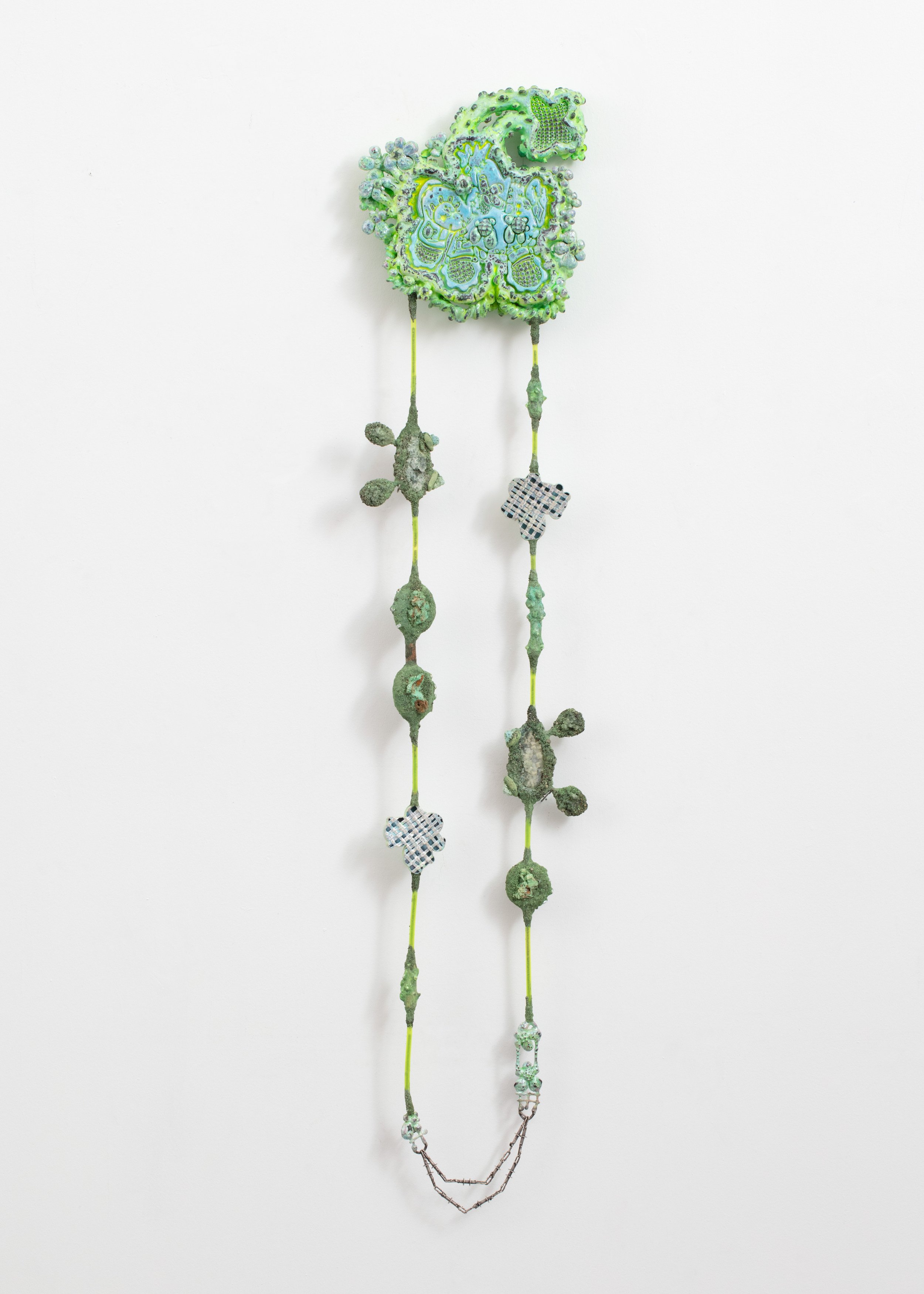 Title: P3T4L_in|BL00M|[day_gardenz_]
Materials: Electroformed Copper, Cast Bronze, Steel, Silver, Raw Chrysoprase, Prehnite, Brucite in Slag, Sticks, Keshi Pearls, Black Druzy Manganese, Asphalt, Texas Dirt, Petrol line, Acrylic Paint, Pastels, Spray