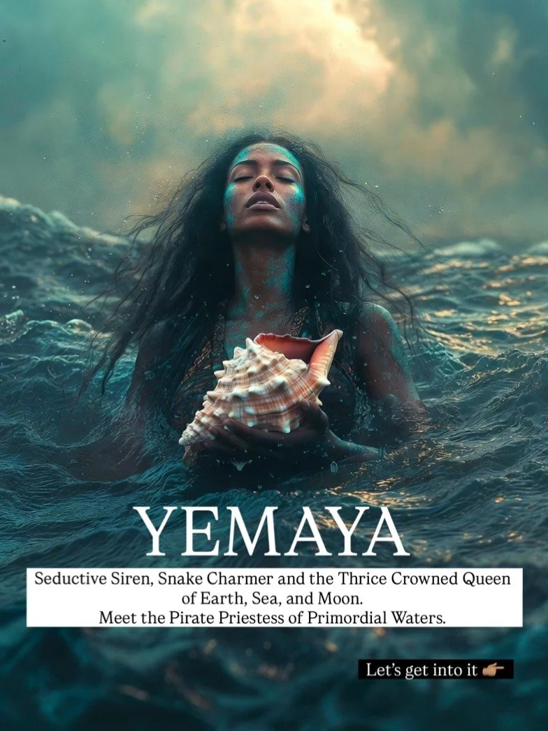 YEMAYA 🐚🌀🐉
Today is the Feast day of Yemaya/ Yomoja, Goddess of the Seas and Keeper of Ancestral Memory. Yemọja is not merely the sea, she is primordial water, the amniotic intelligence from which existence itself emerges. 
She is the manifestatio