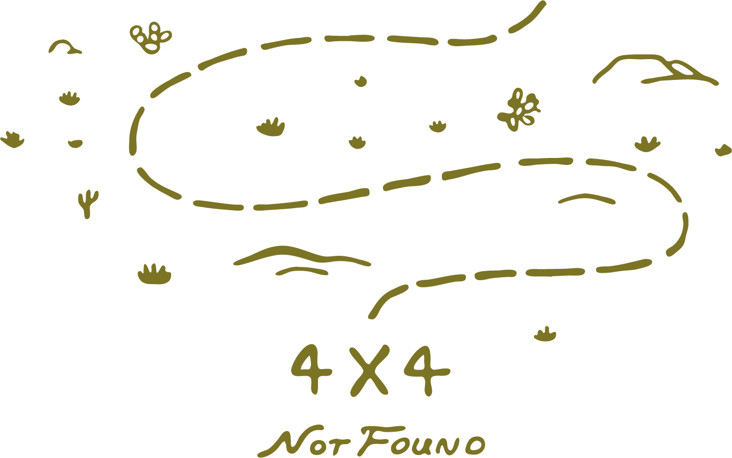 A stylized map indicating a 4 by 4 area, with random patches of plants and small bushes, and the words '4 x 4' and 'Not Found' written below.
