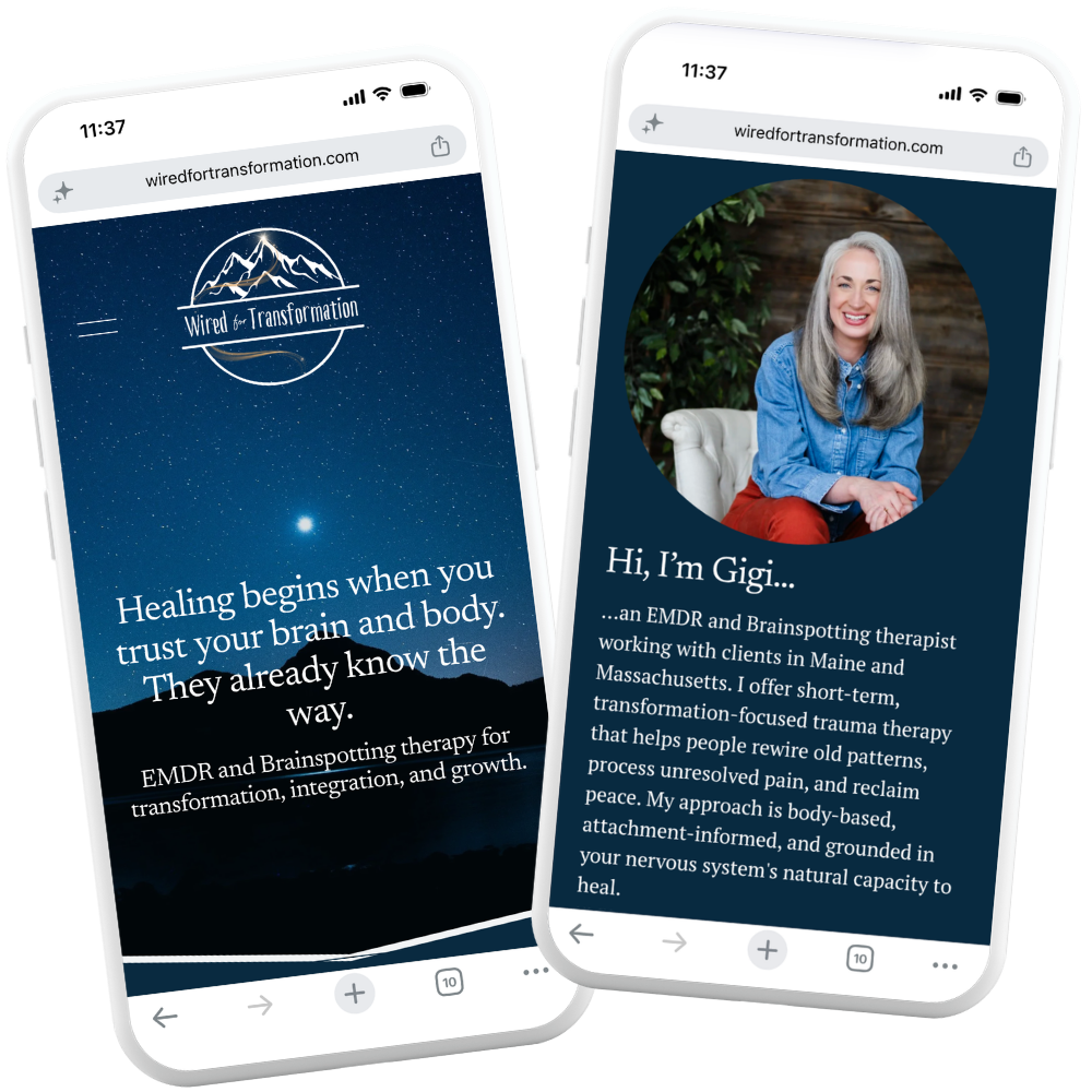 Two smartphone screens showing a website about EMDR and Brainspotting therapy. The left screen displays a night sky with stars and a logo of mountains with the text "Wired for Transformation" and a quote about healing. The right screen features a photo of Gigi, an EMDR and Brainspotting therapist, smiling and sitting in front of a rustic wooden background with greenery, with a brief introduction about her work.