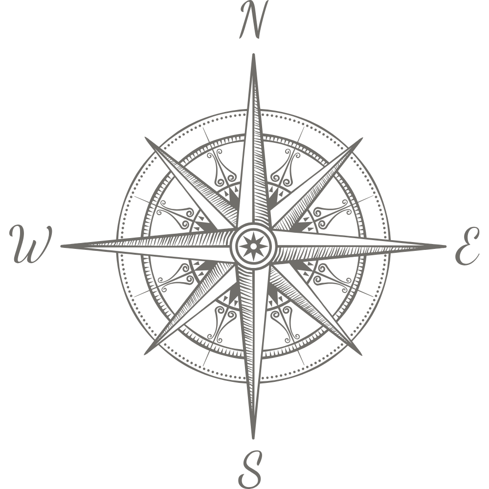 A detailed, decorative compass rose with compass directions N, E, S, W on a black background.