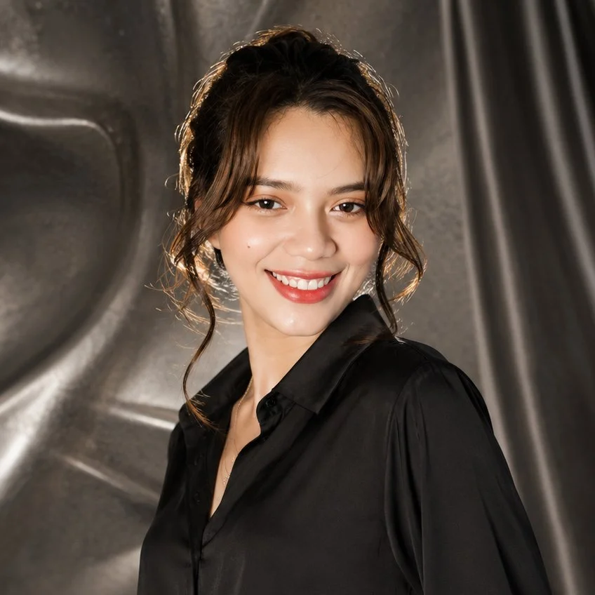 A smiling young woman with wavy brown hair, wearing a black blouse, standing in front of a blurred metallic background.
