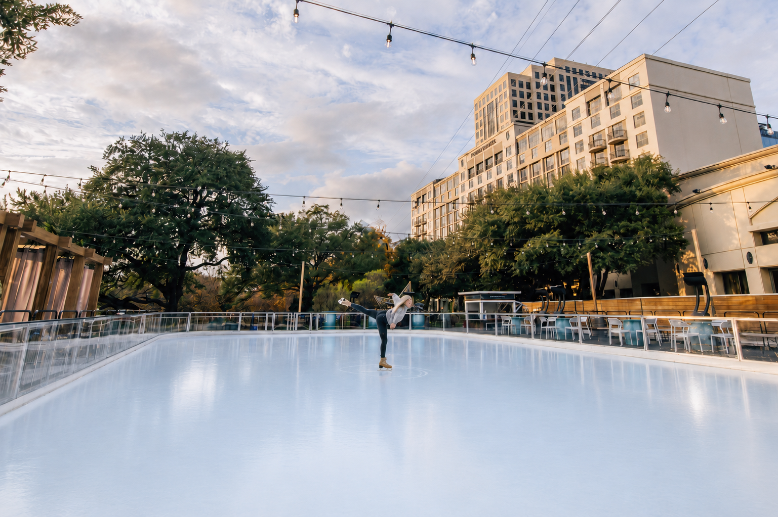 Outdoor ice skating in downtown Austin Texas at the Four Seasons Hotel