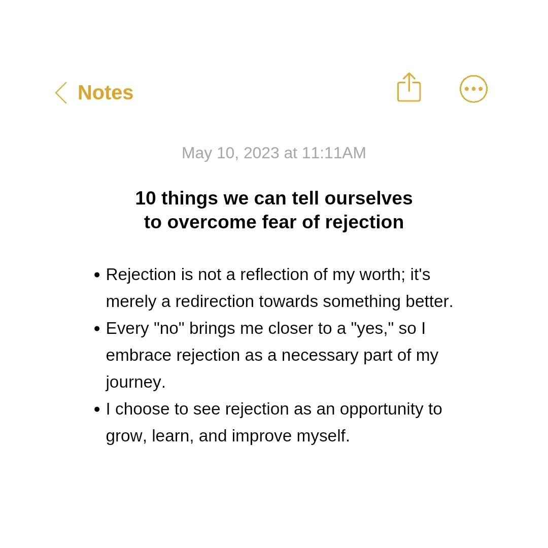10 things we can tell ourselves to overcome fear of rejection ➡️

Drop a &hearts;️ if this resonates with you!
.
.
.
.
.
.
.
.

I am a Life Coach, follow for more! 🙌✨