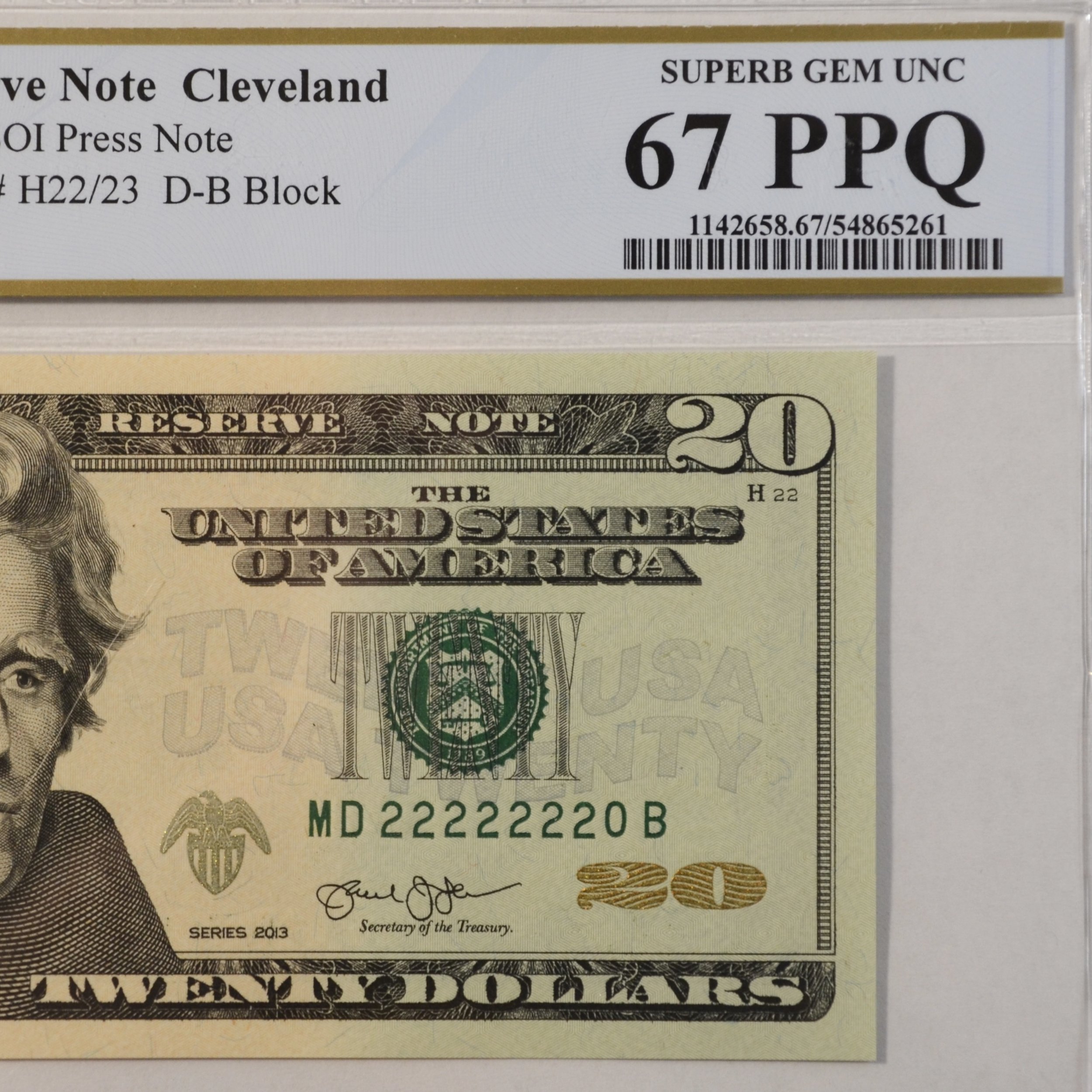 $20 Fancy Serial Note 7 In A Row Near Solid Series 2013 PCGS 67PPQ - MD22222220B