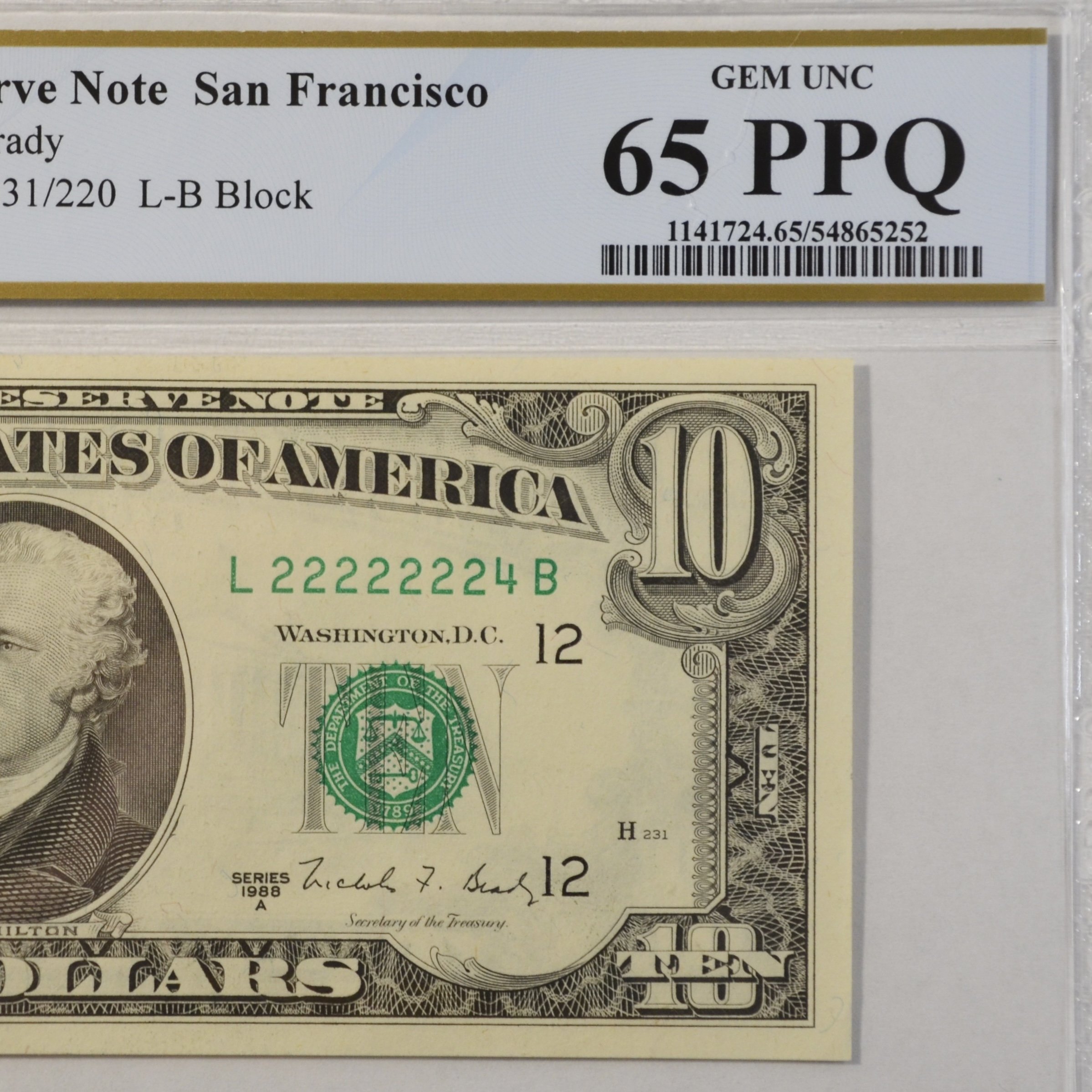 $10 Fancy Serial Note 7 In A Row Near Solid Series 1988A PCGS 65PPQ - L22222224B